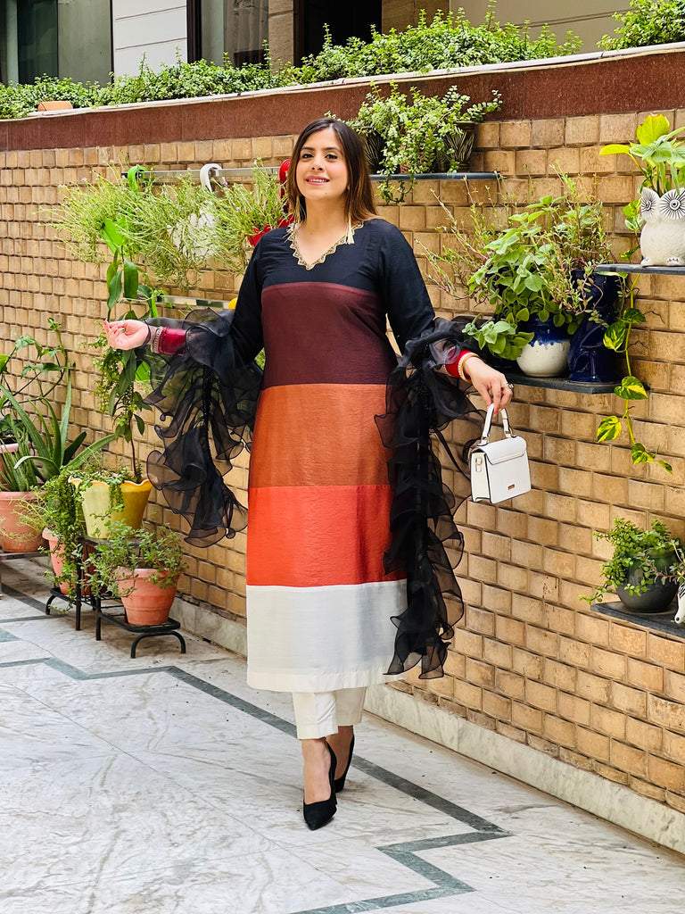 Multicolored  Stripes Suit With Ruffle Dupatta