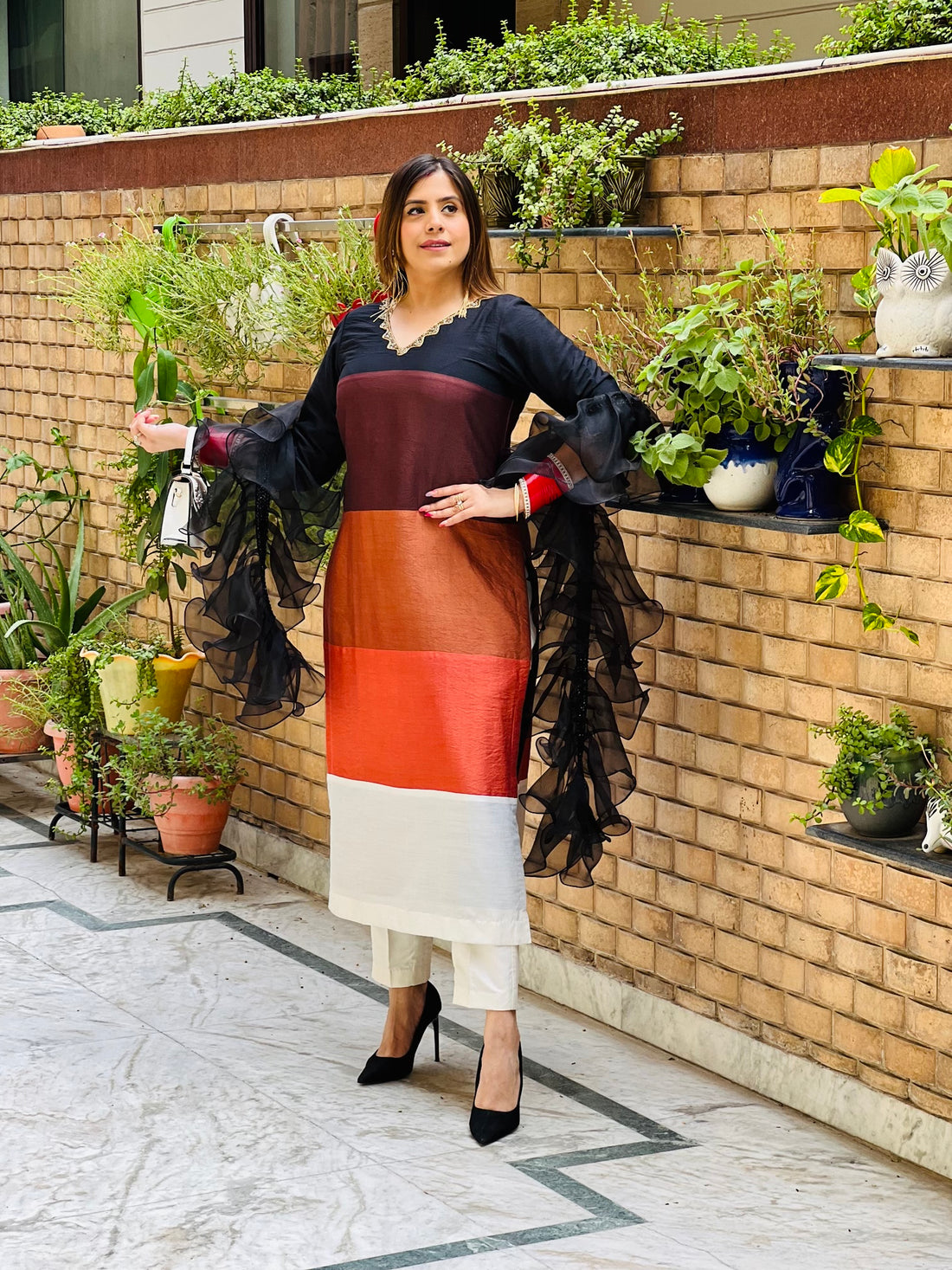 Multicolored  Stripes Suit With Ruffle Dupatta