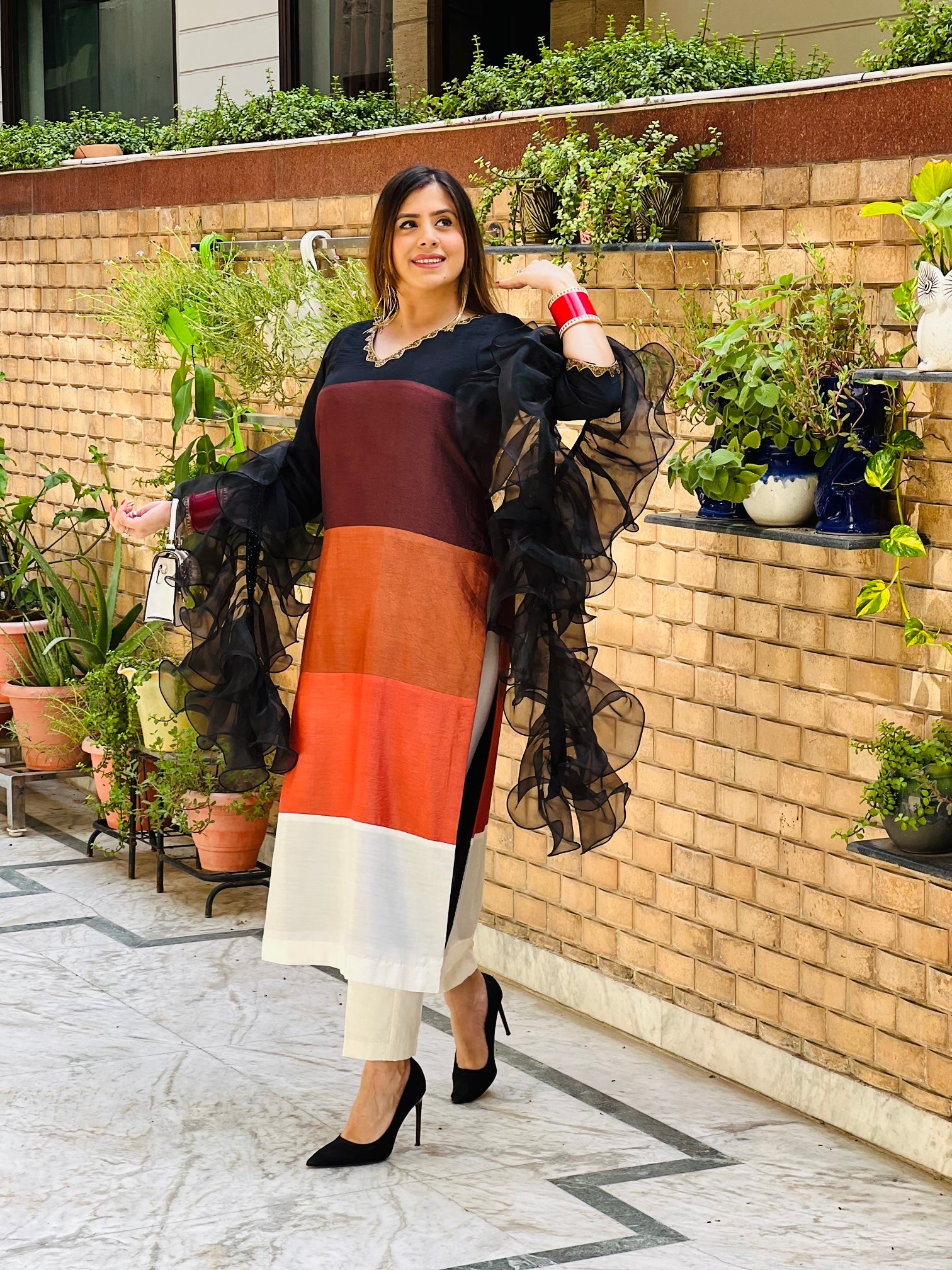 Multicolored  Stripes Suit With Ruffle Dupatta