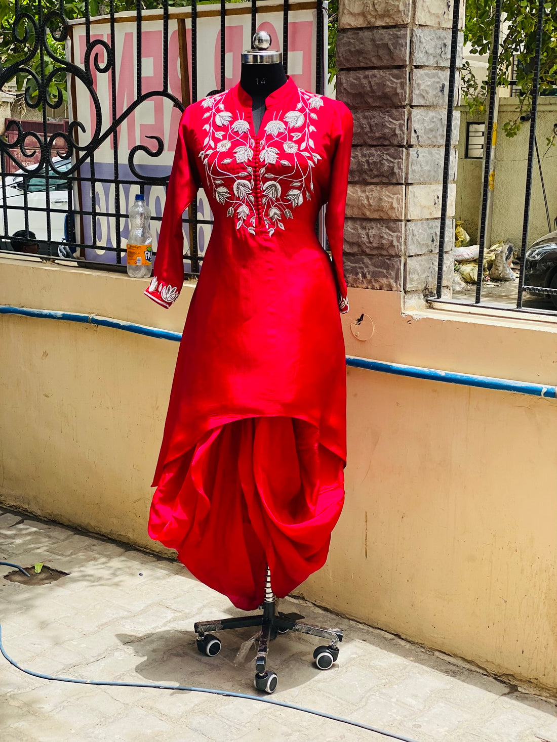 Red Embroidered Kurti Set
