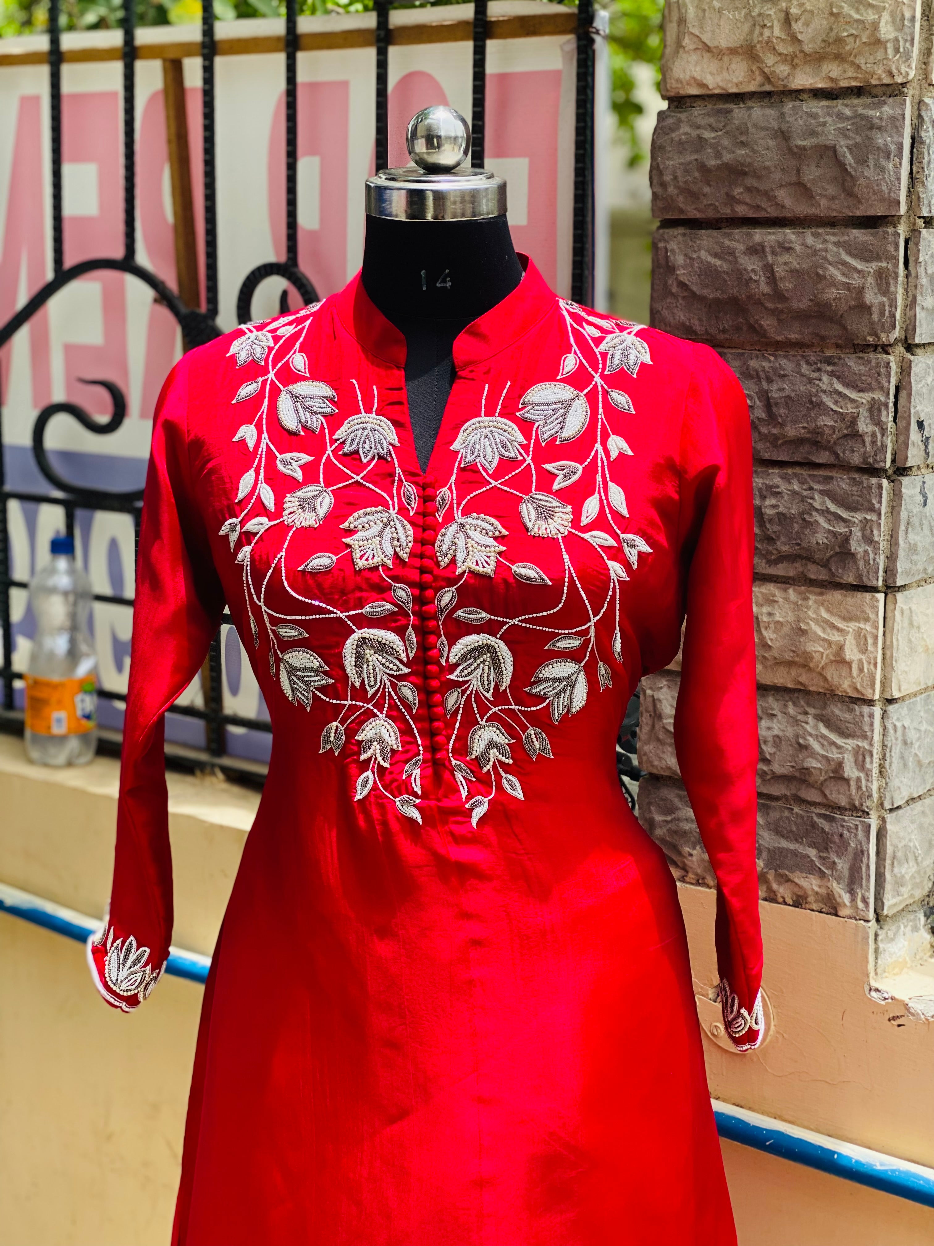 Red Embroidered Kurti Set