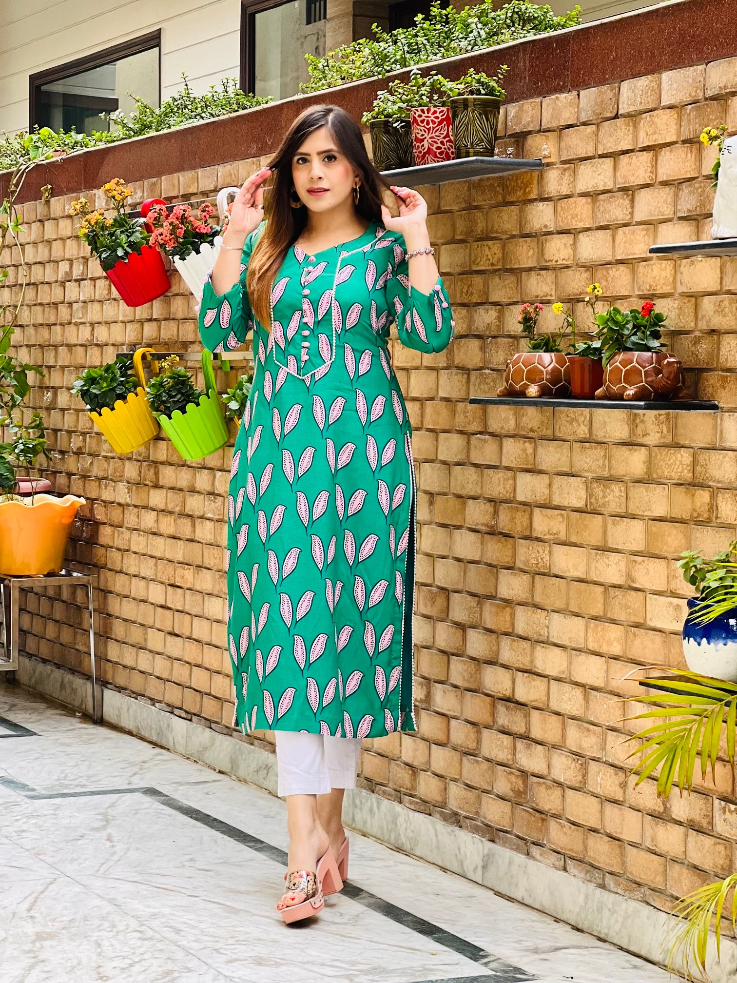 Teal Leaf Printed Kurti