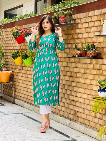 Teal Leaf Printed Kurti
