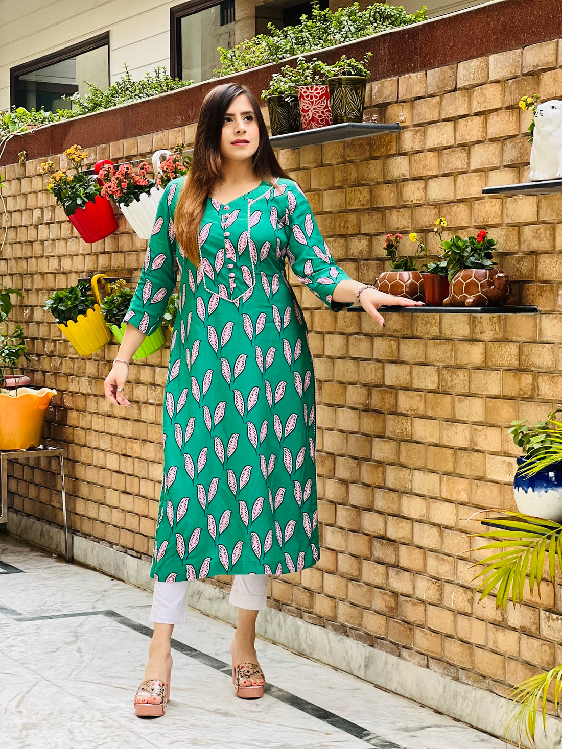 Teal Leaf Printed Kurti