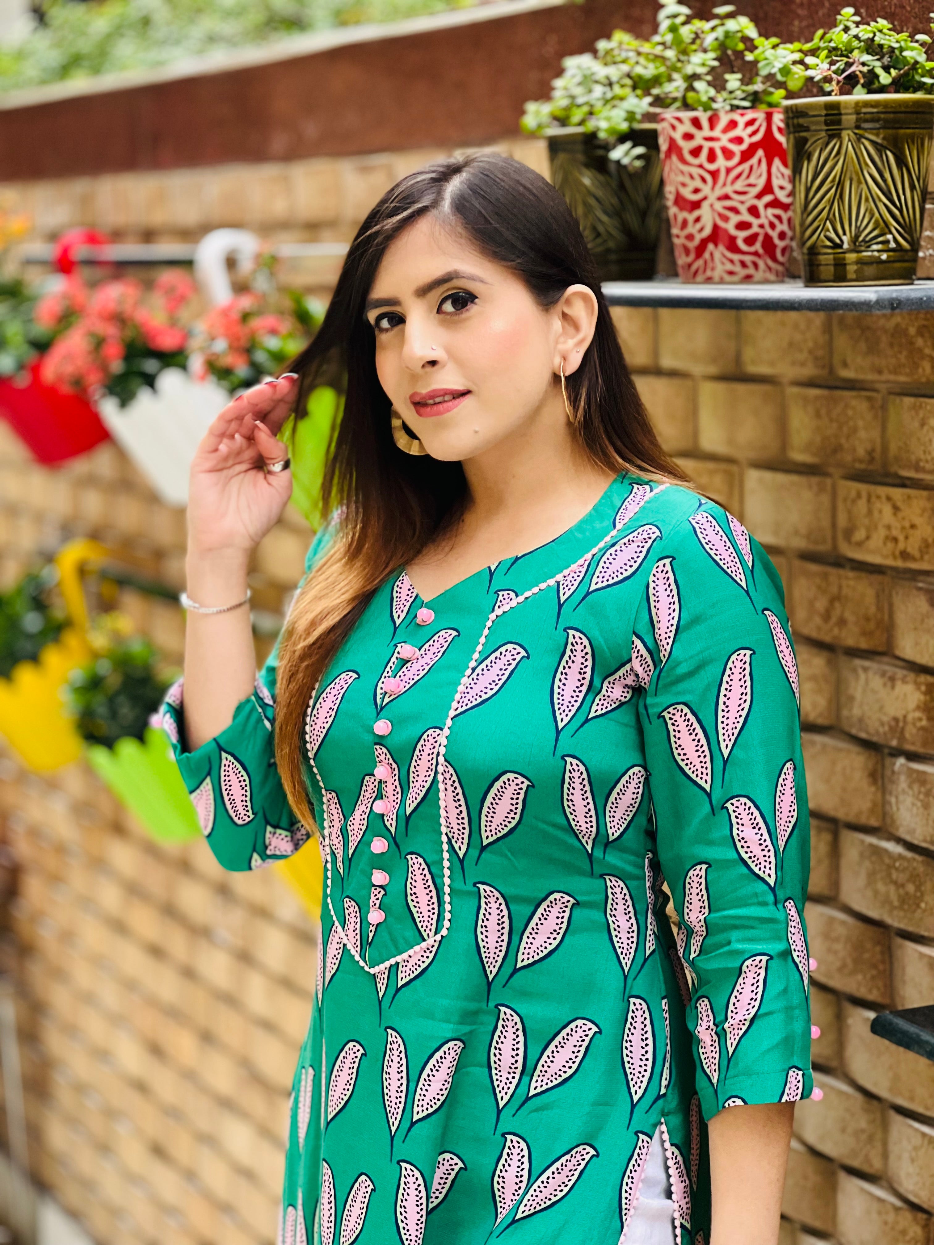 Teal Leaf Printed Kurti