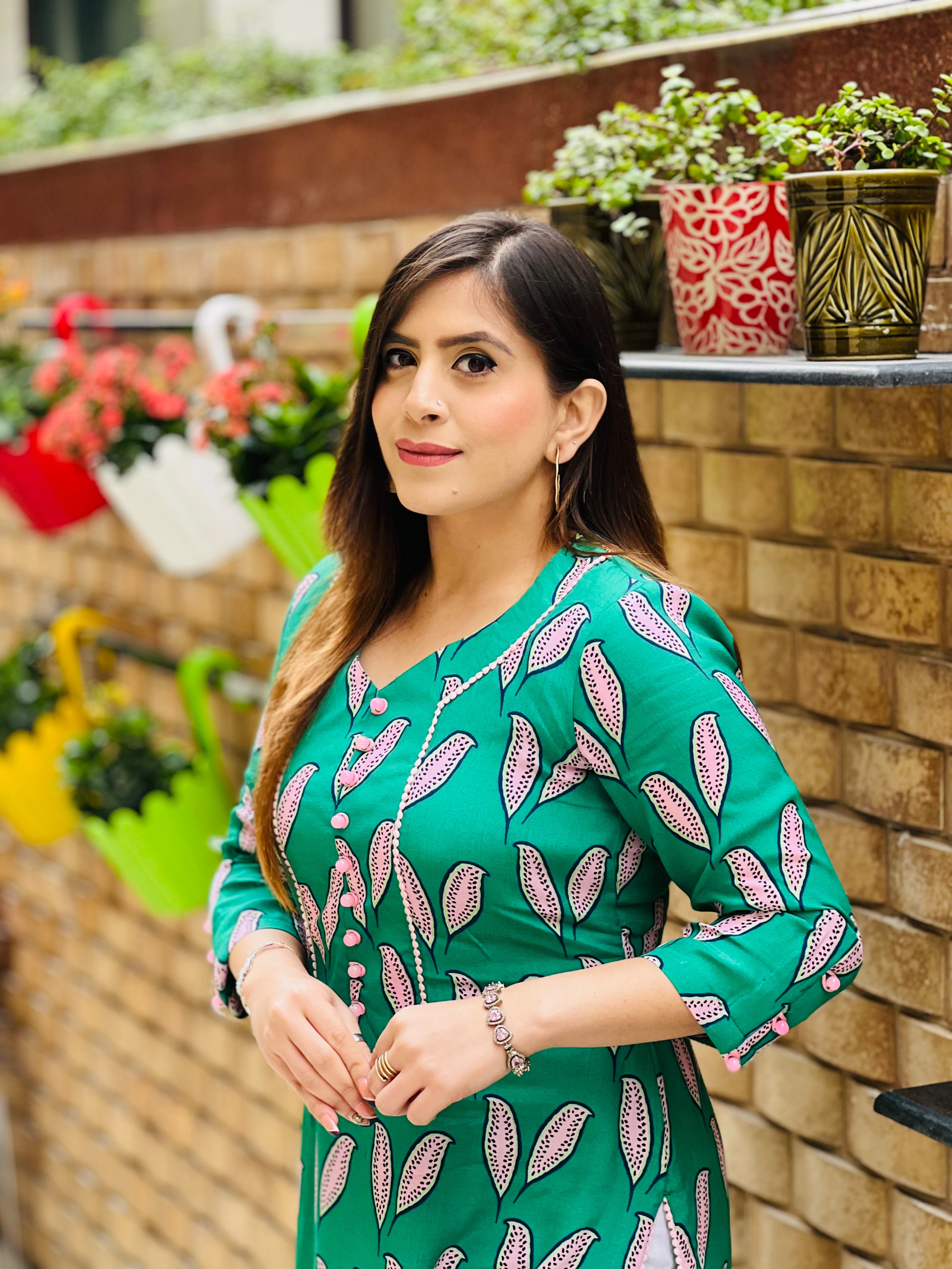 Teal Leaf Printed Kurti