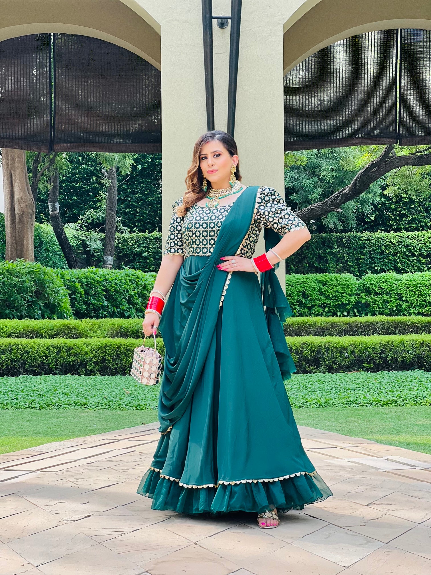 Forest Green Karvachauth Drape