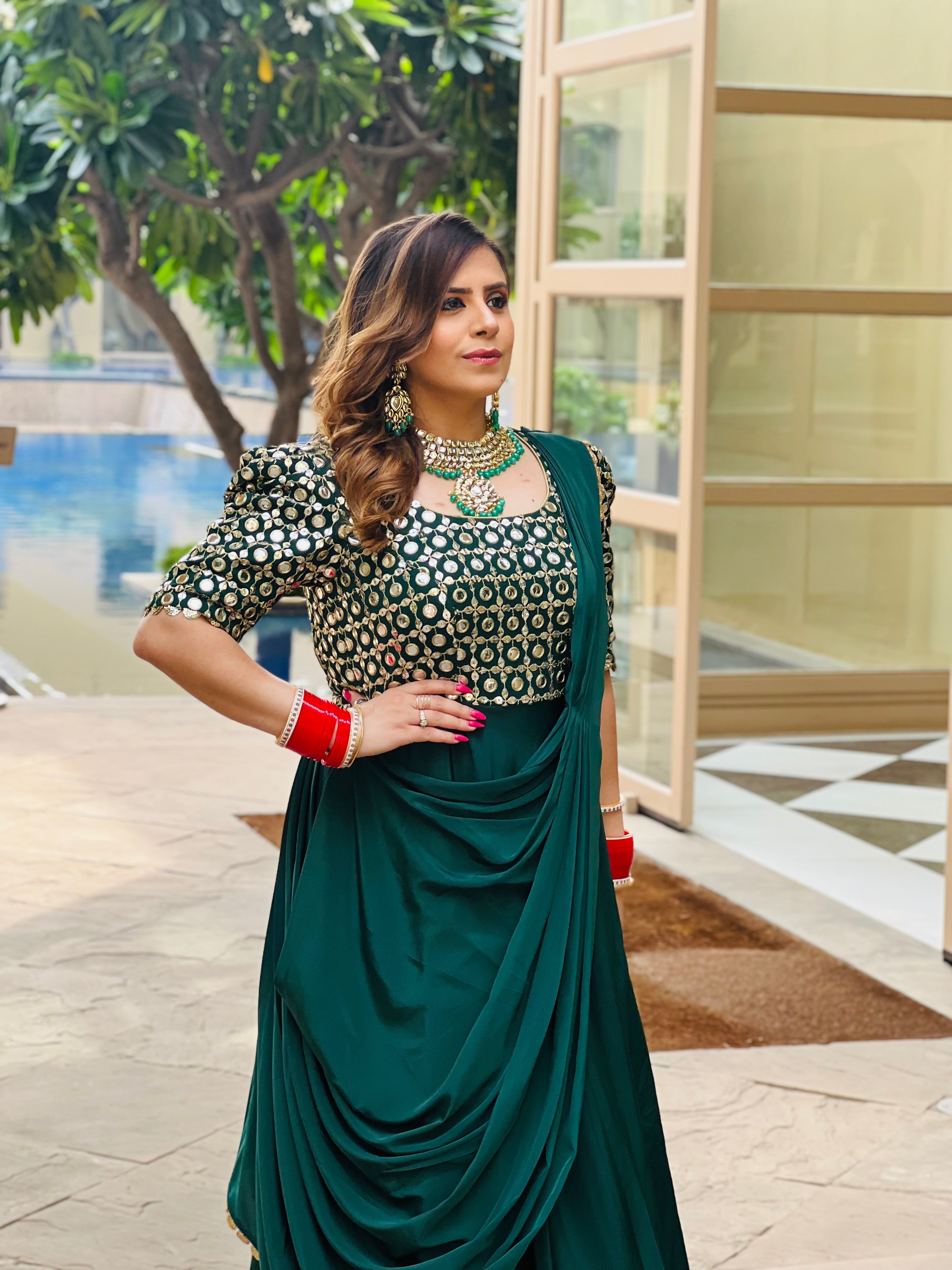 Forest Green Karvachauth Drape