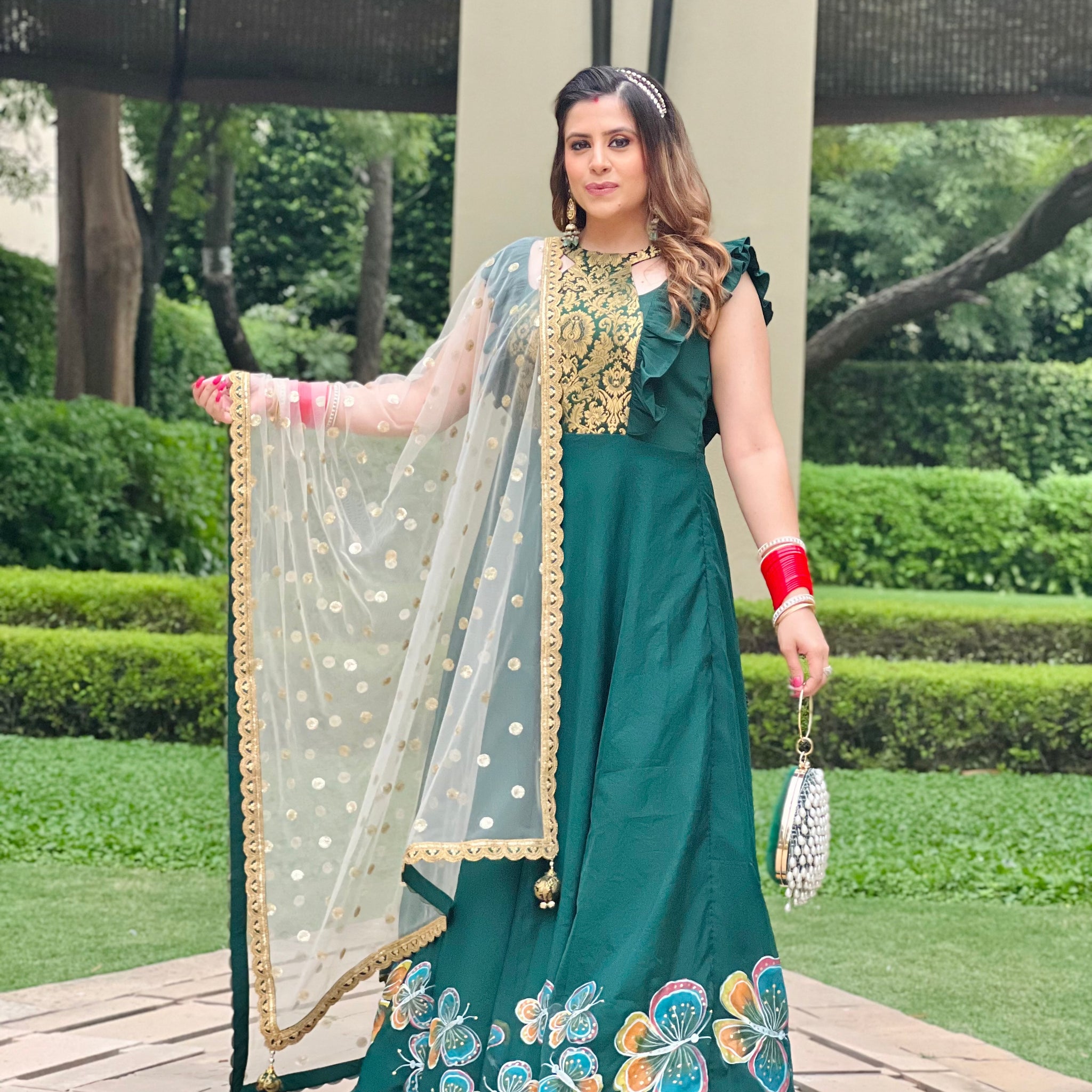 Forest Green Hand Painted Anarkali