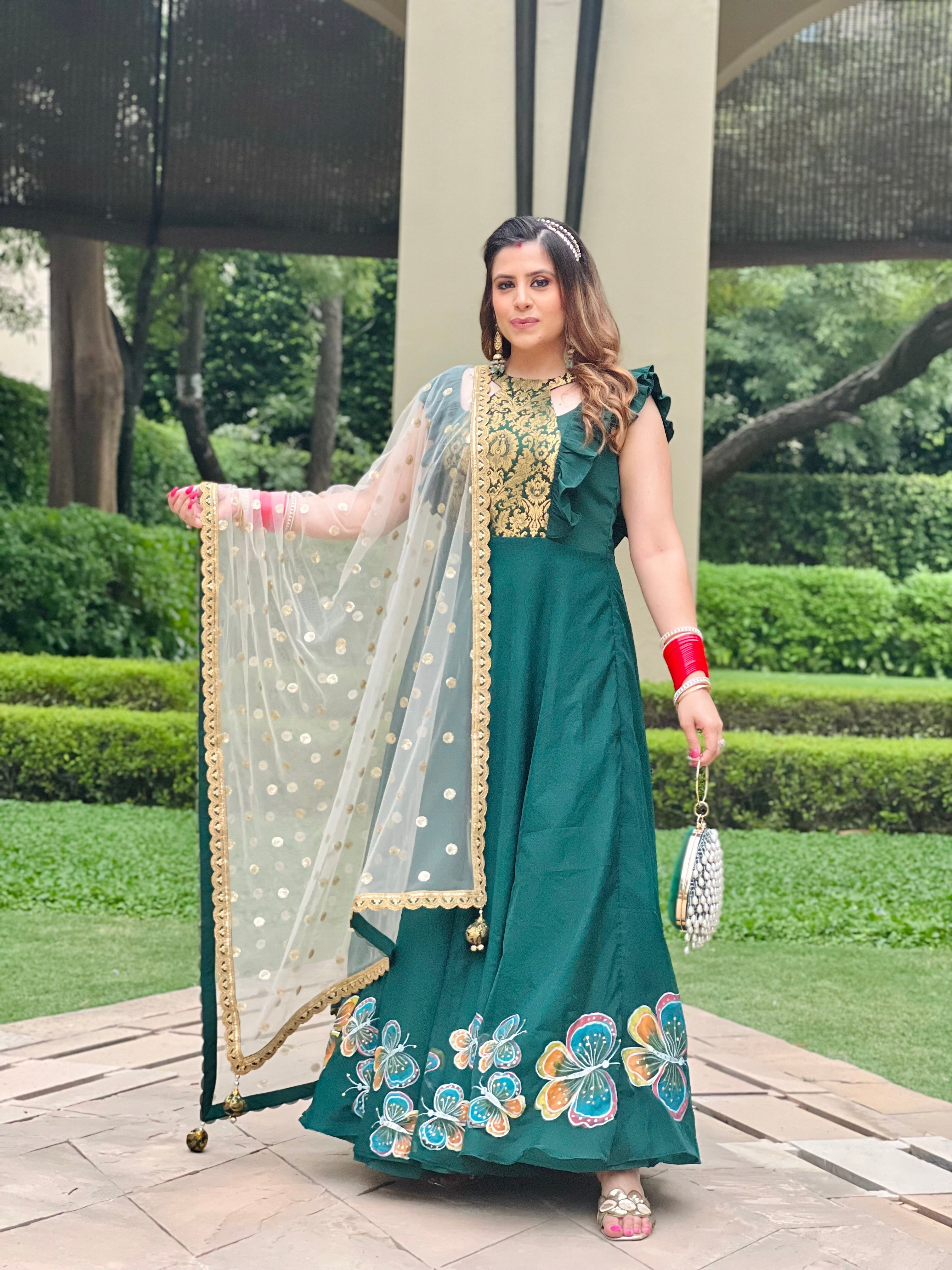 Forest Green Hand Painted Anarkali