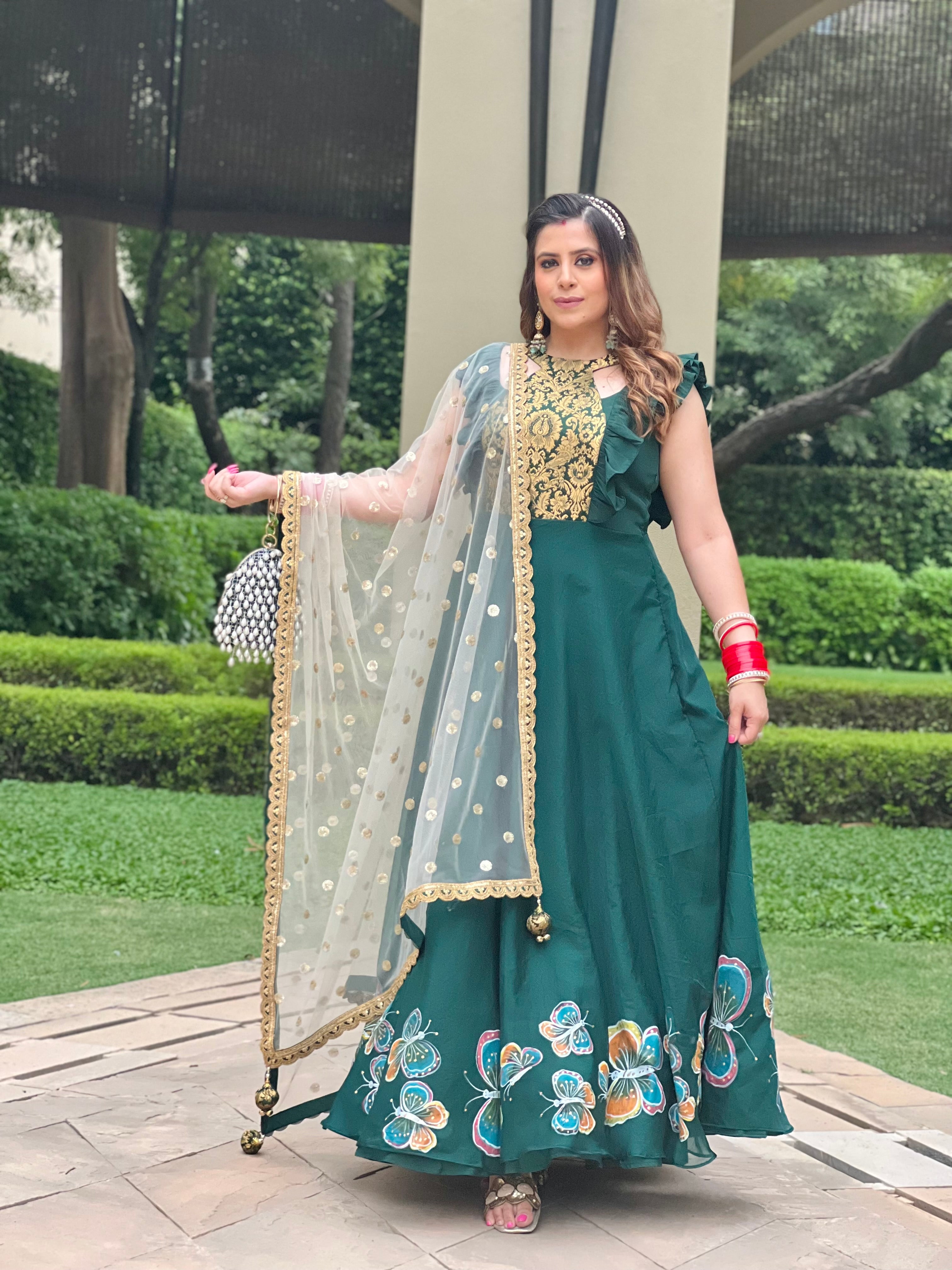 Forest Green Hand Painted Anarkali