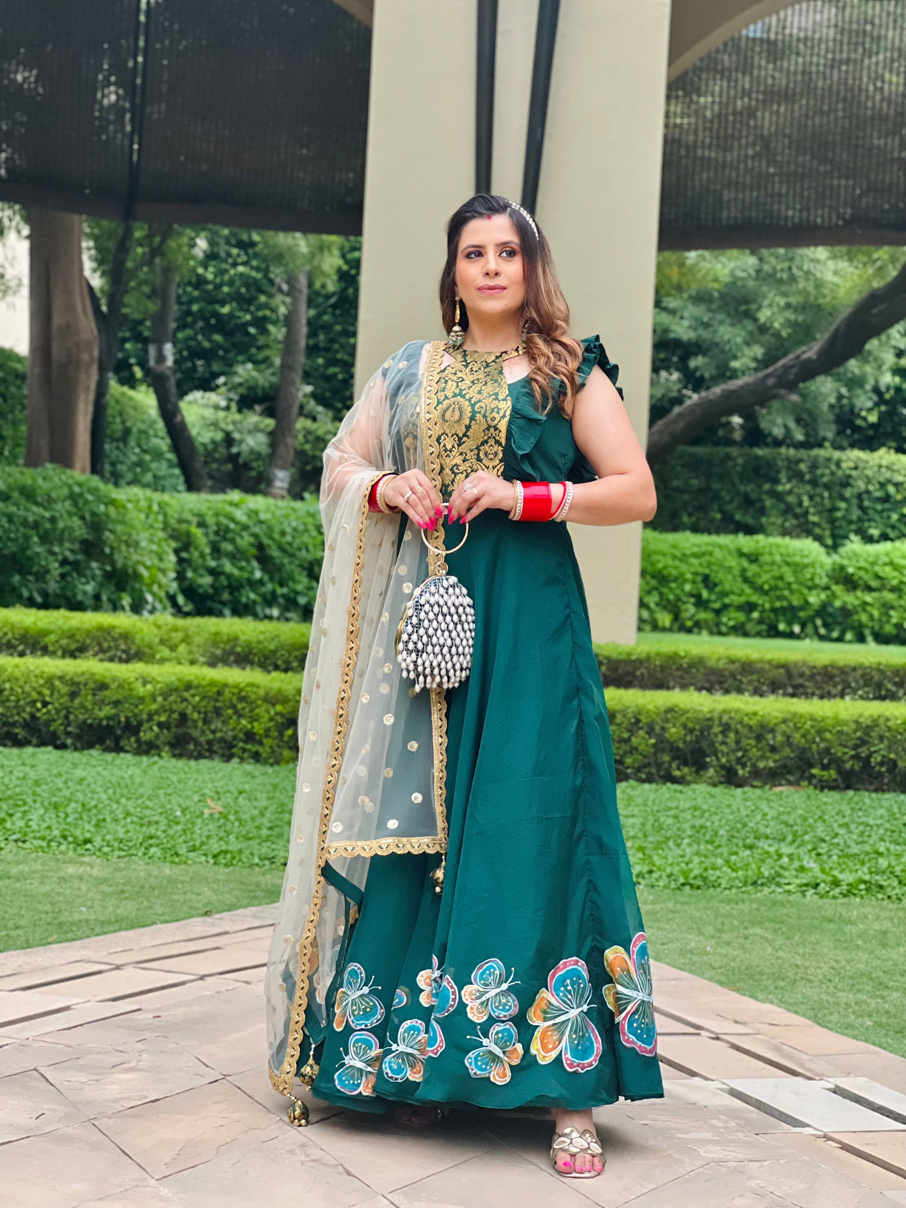 Forest Green Hand Painted Anarkali