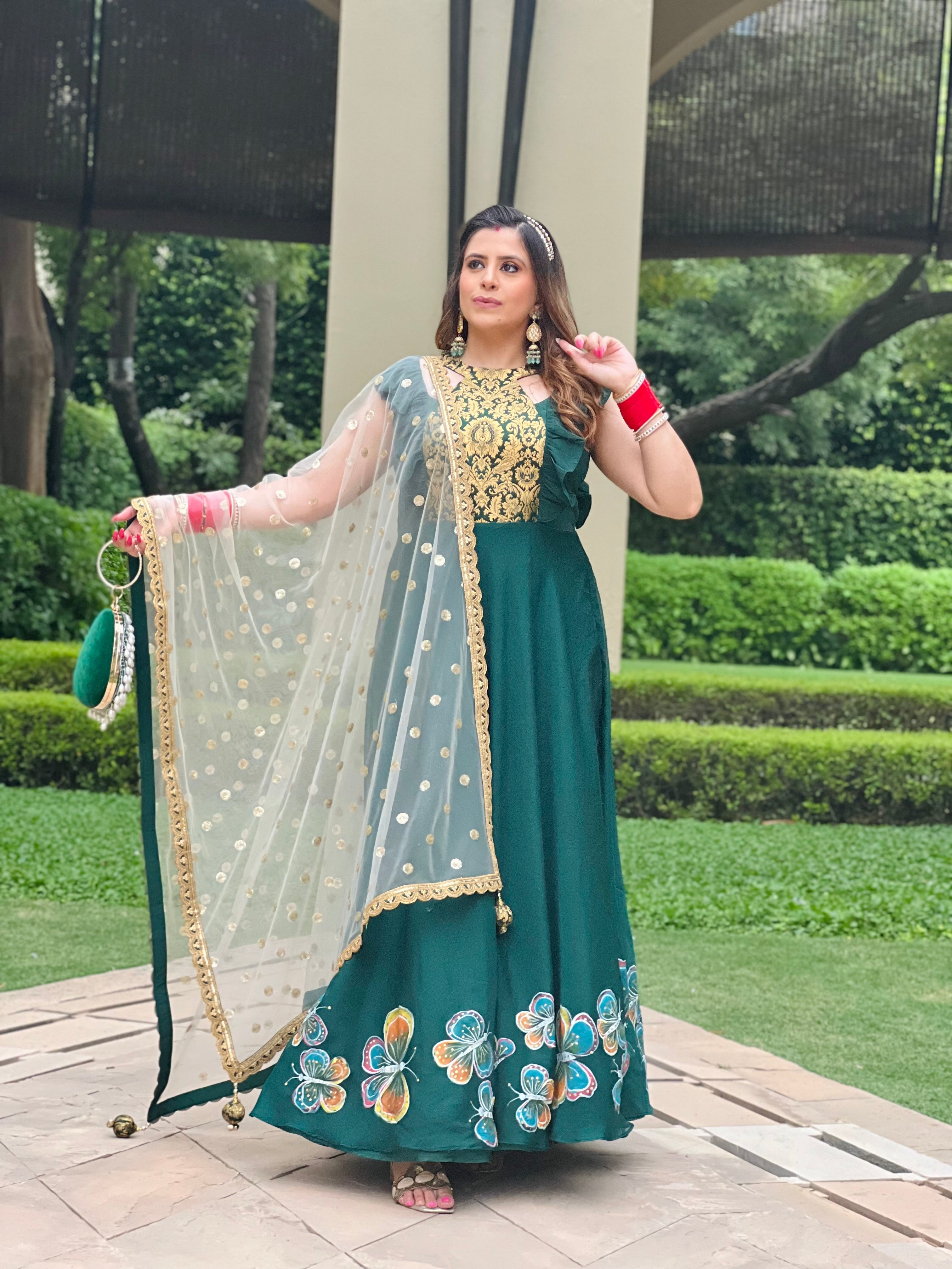 Forest Green Hand Painted Anarkali