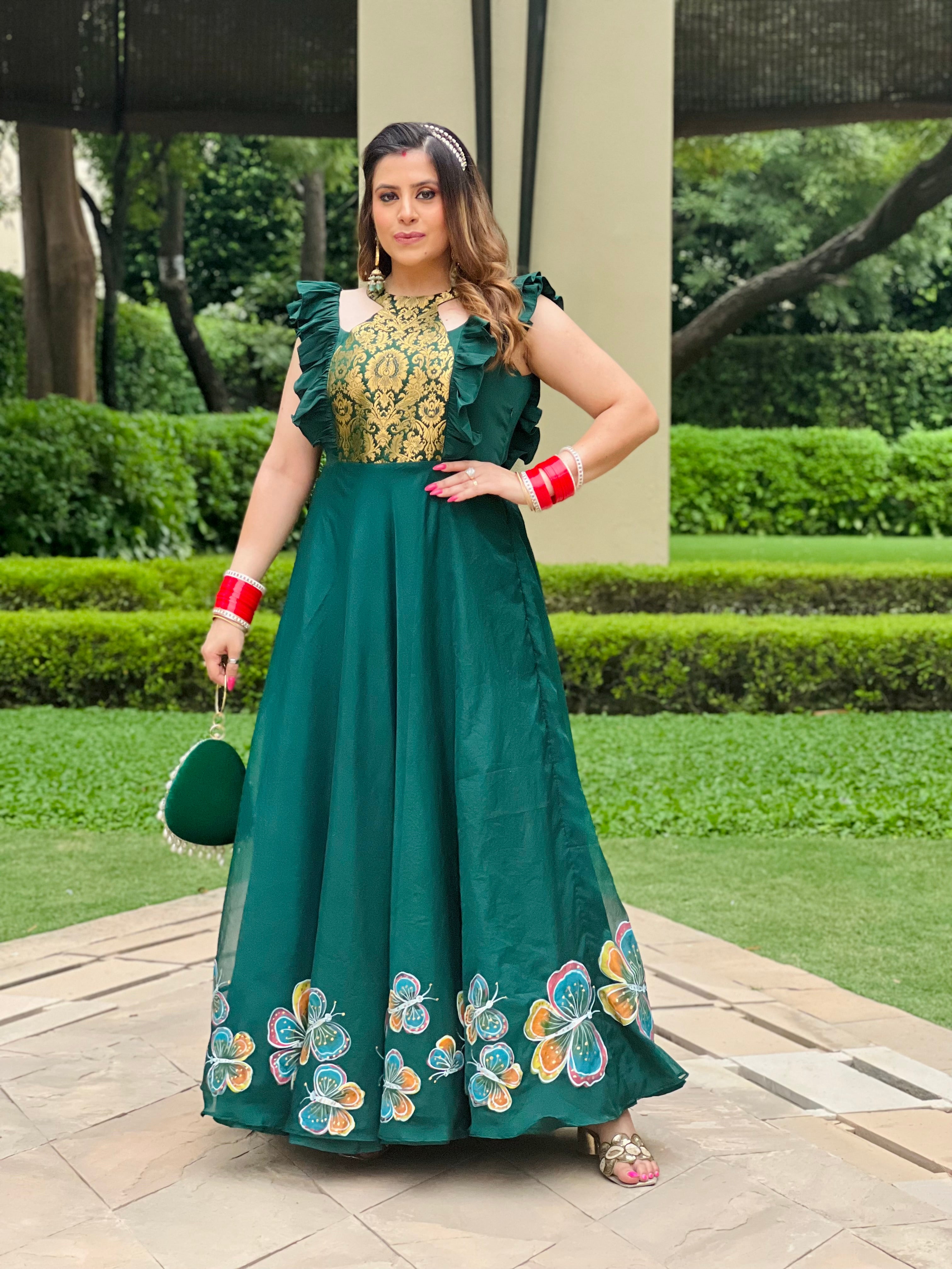 Forest Green Hand Painted Anarkali