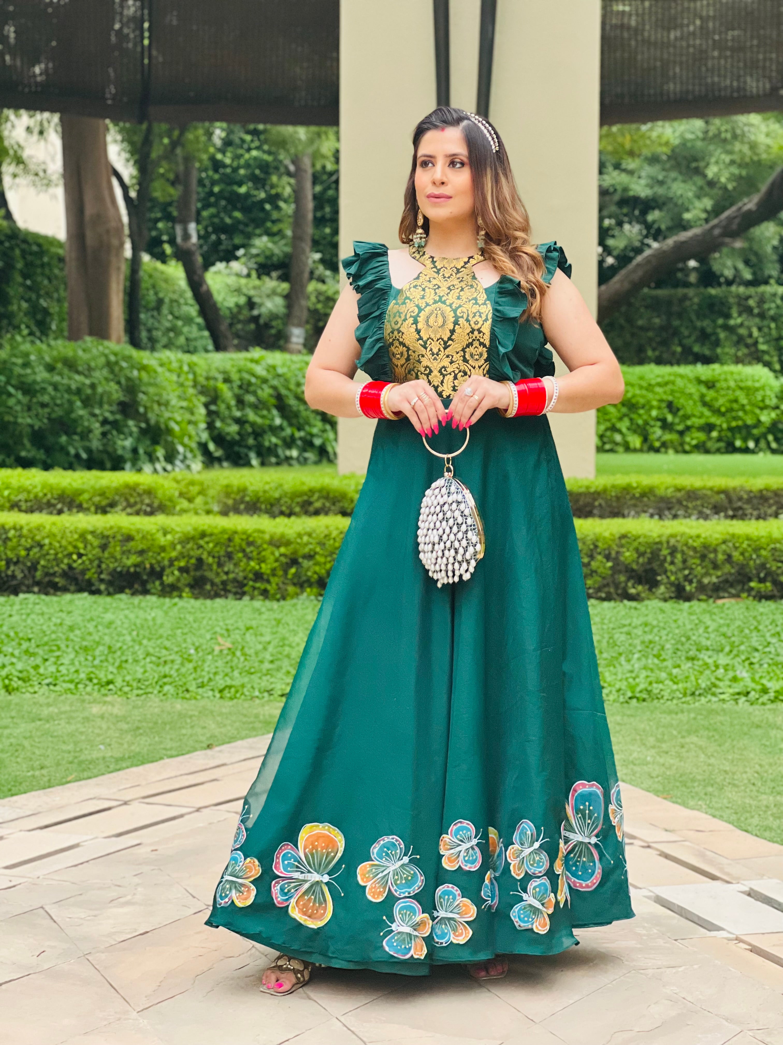 Forest Green Hand Painted Anarkali