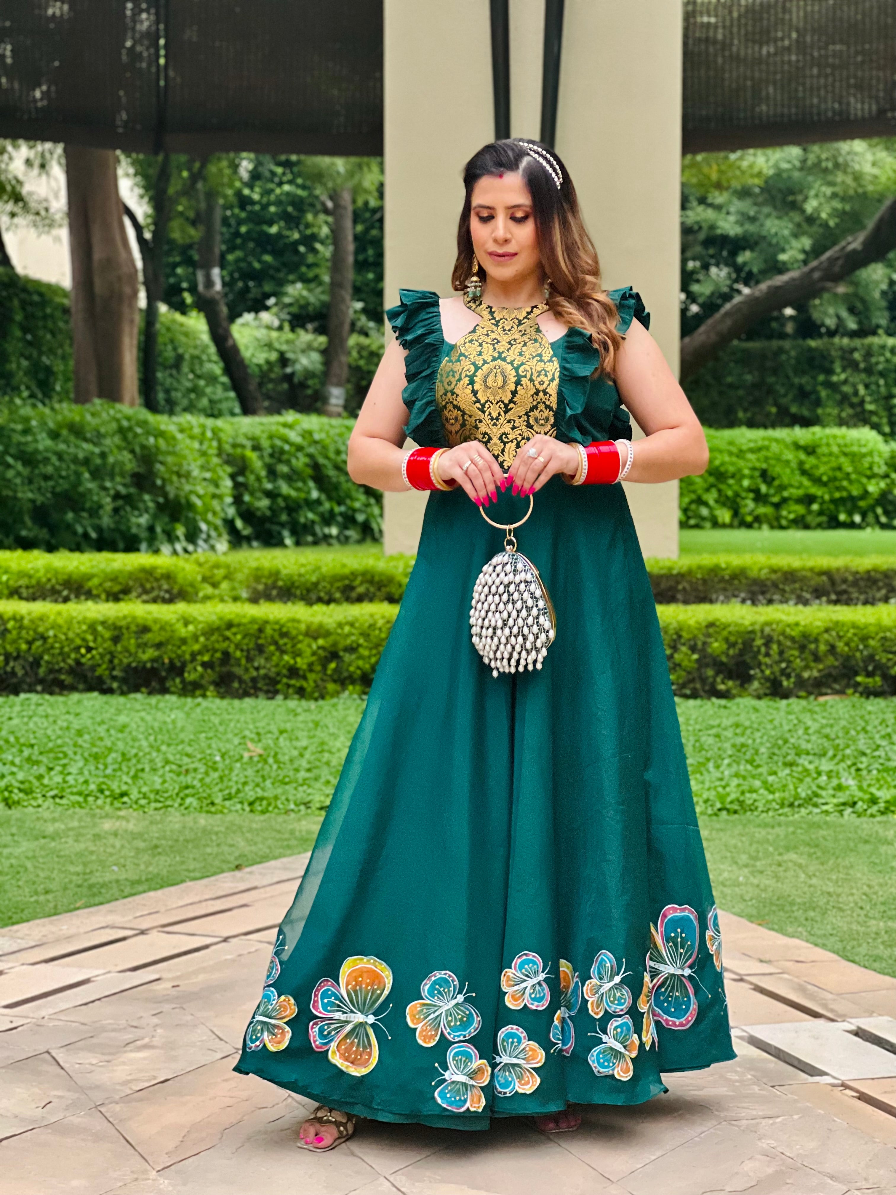 Forest Green Hand Painted Anarkali