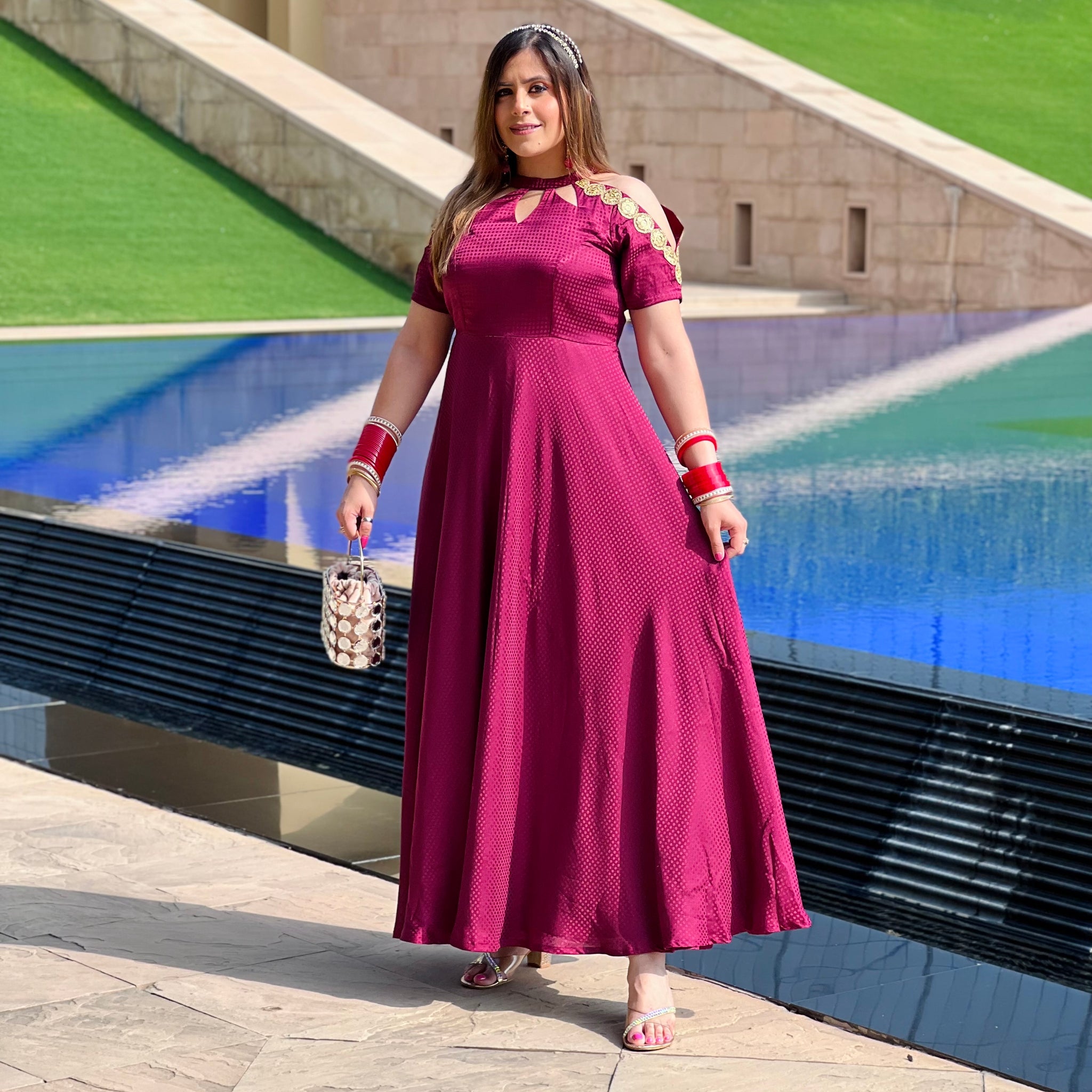 Wine Self Printed Gown