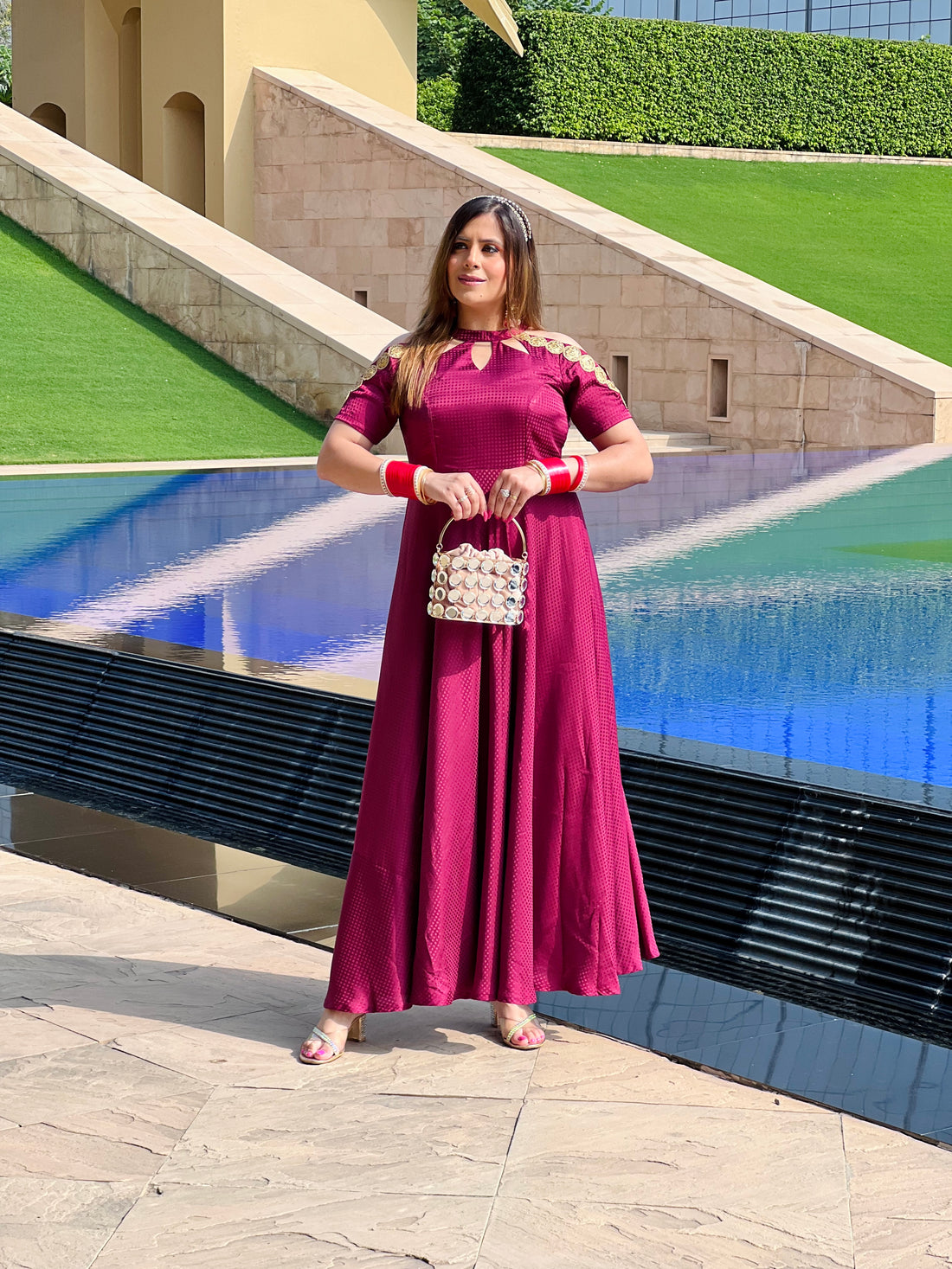 Wine Self Printed Gown