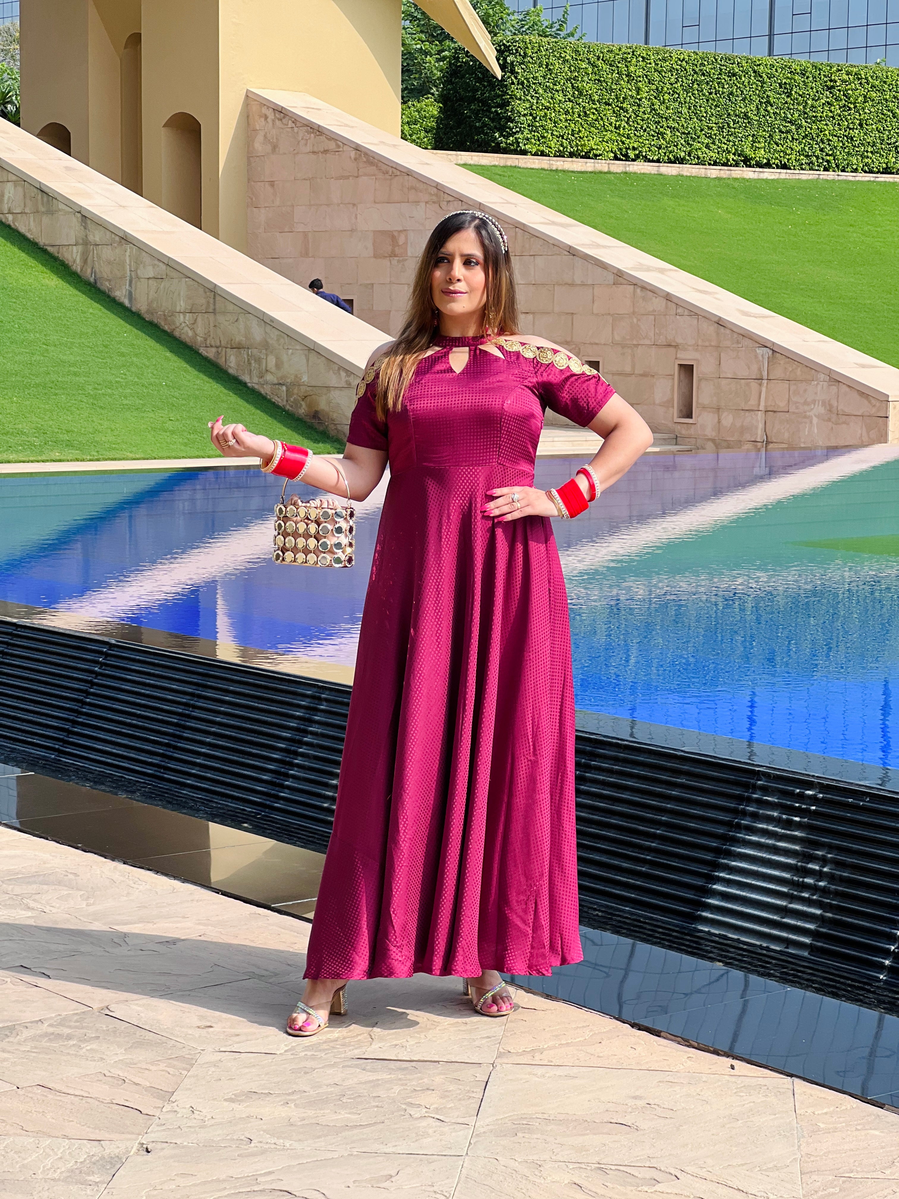 Wine Self Printed Gown