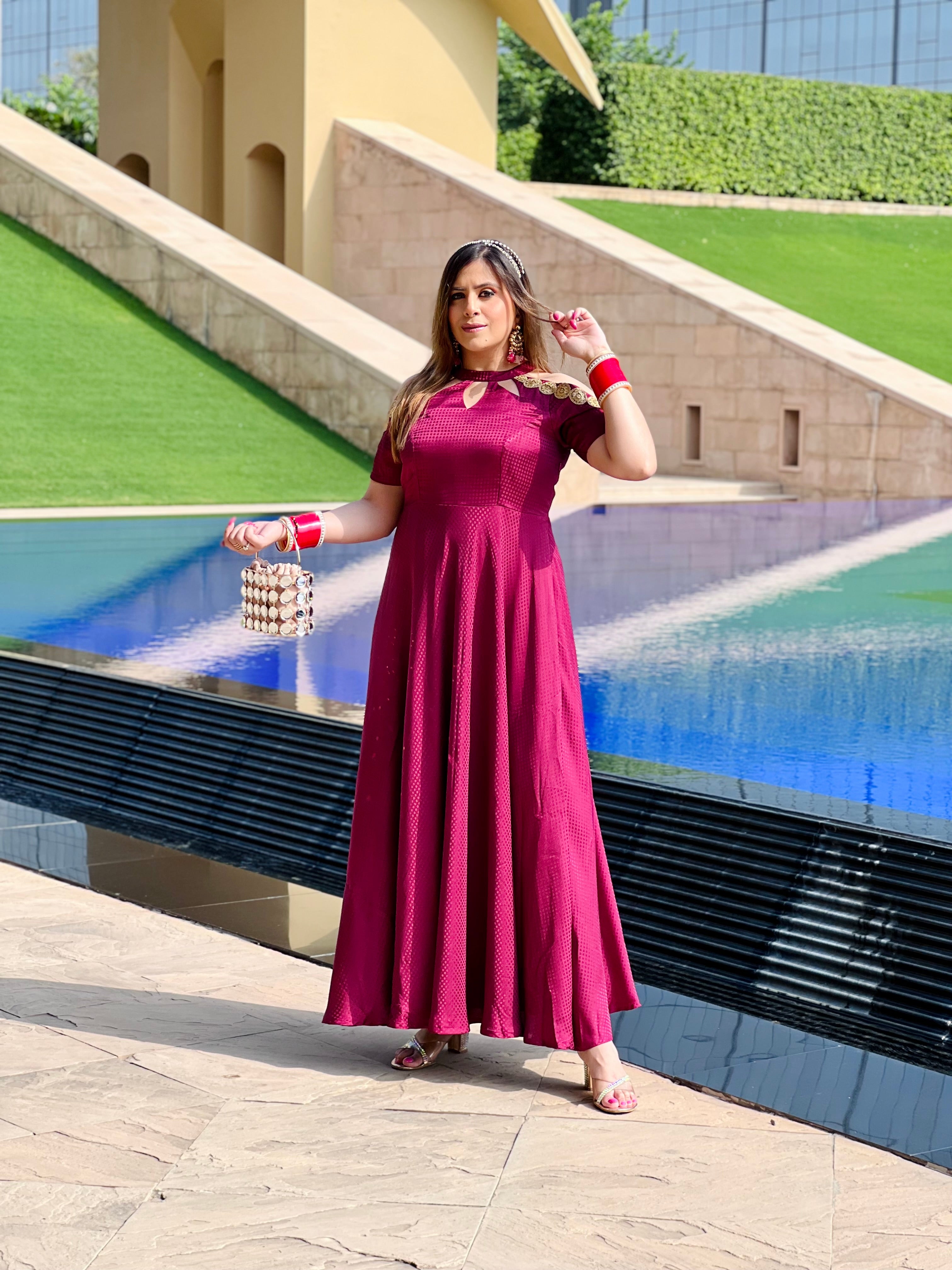 Wine Self Printed Gown