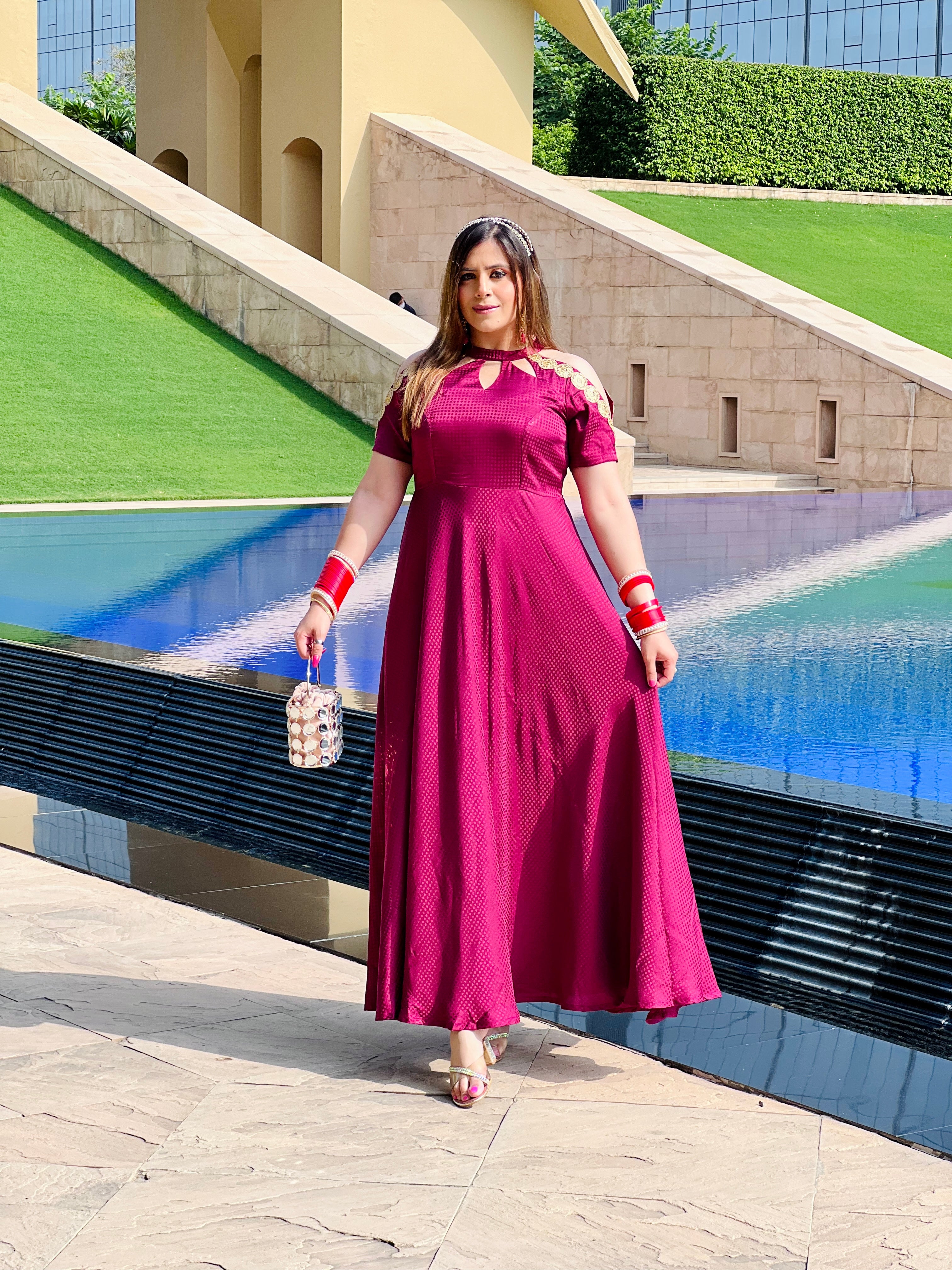 Wine Self Printed Gown