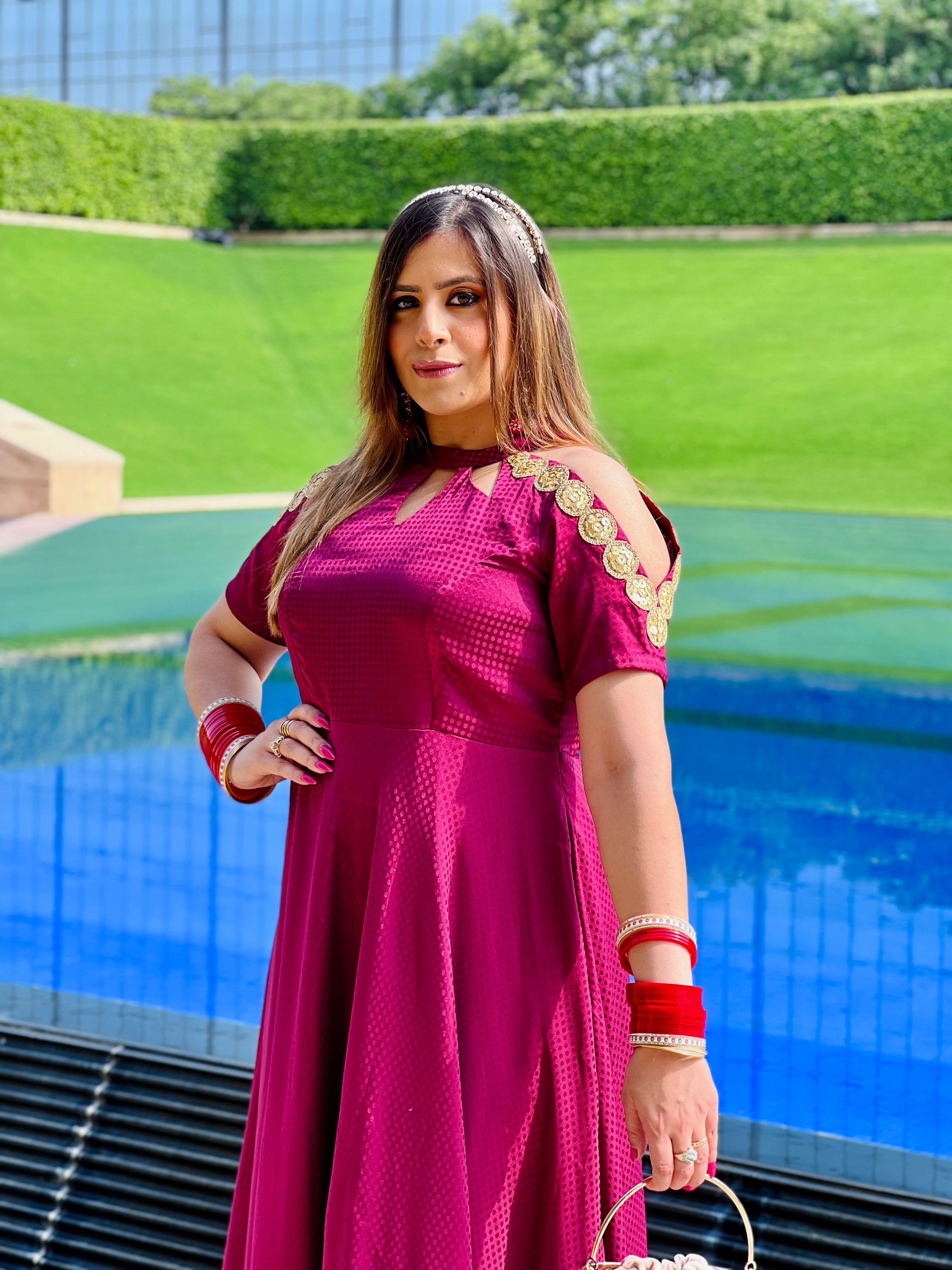 Wine Self Printed Gown