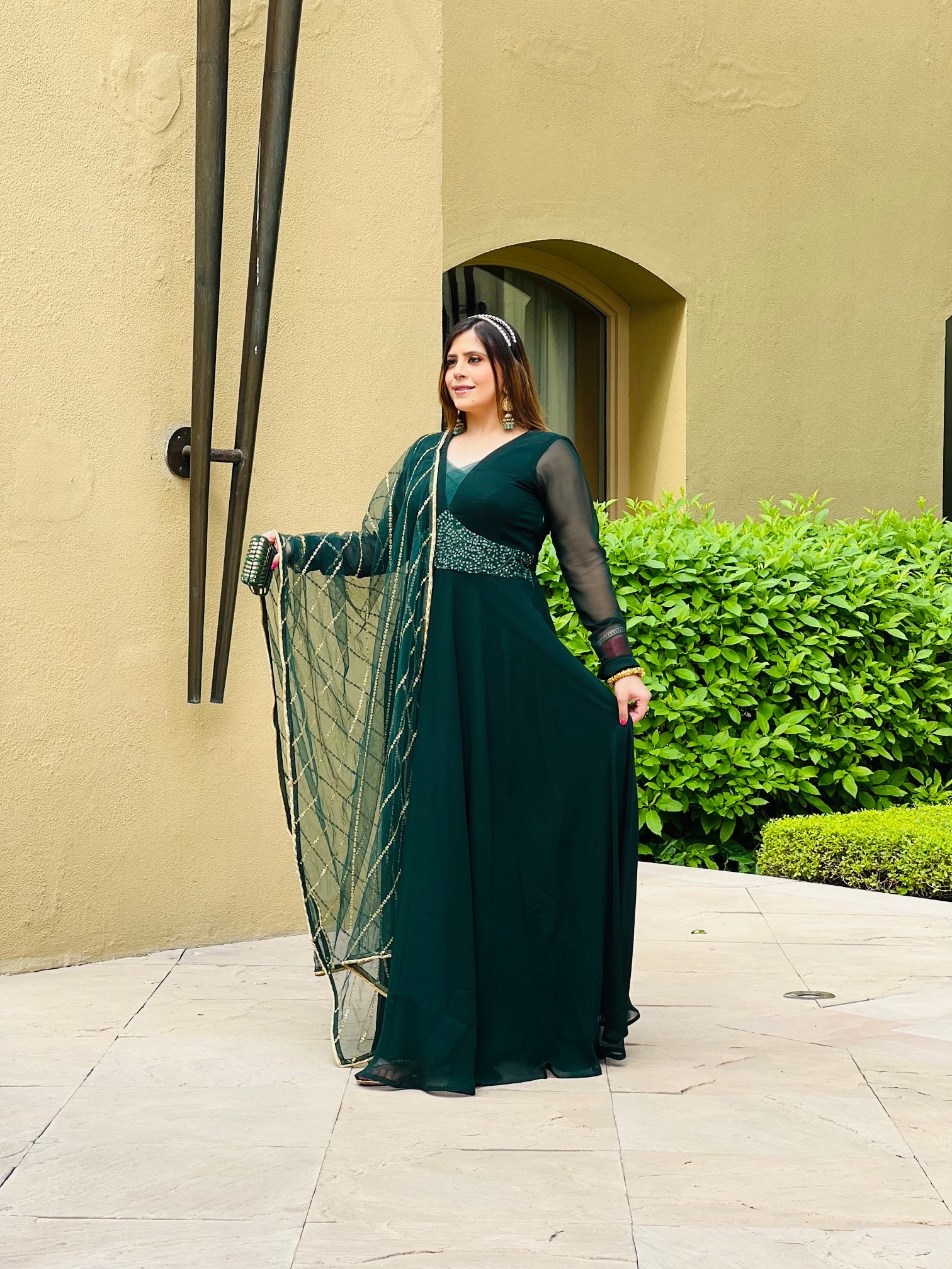 Bottle Green Anarkali with Dupatta