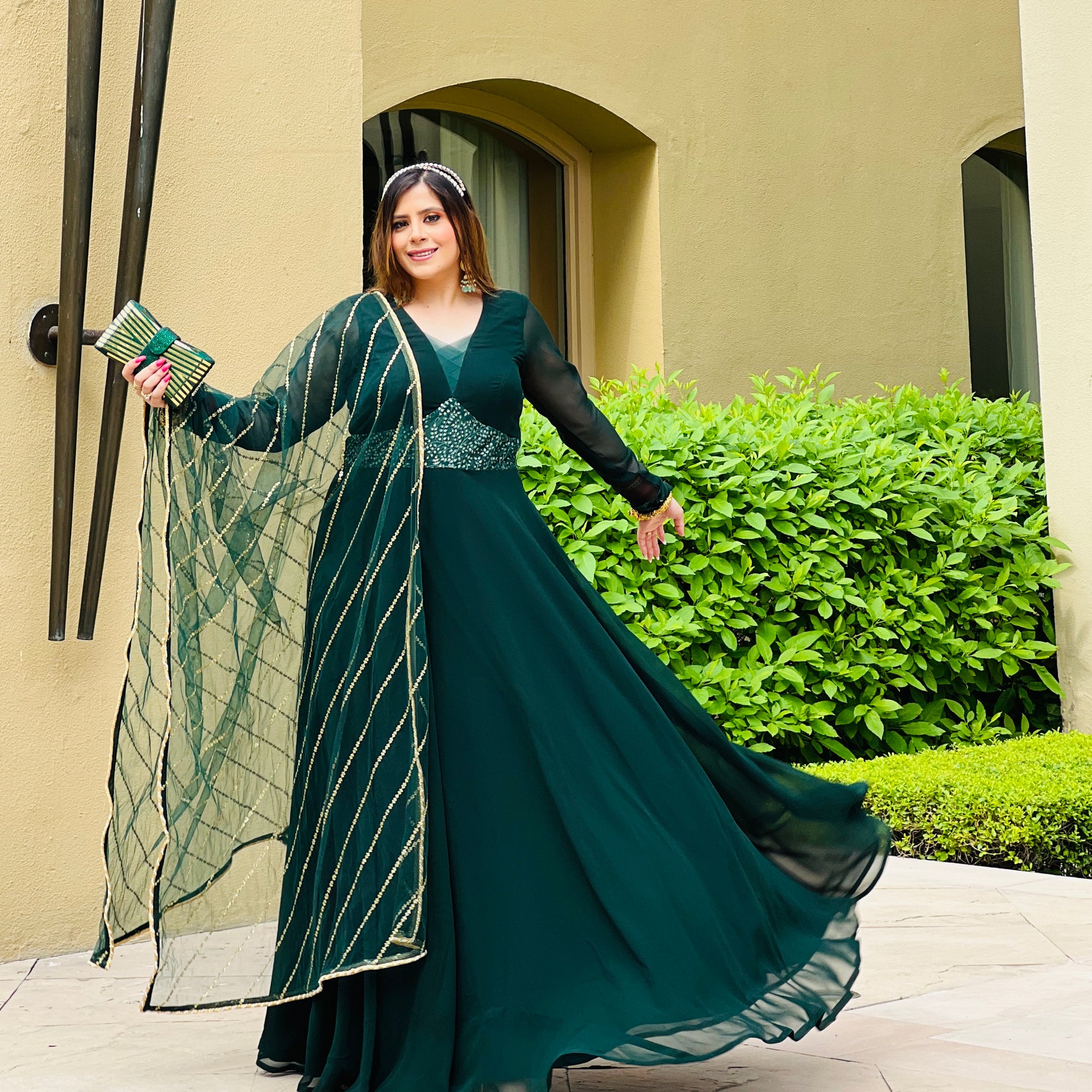 bottle green anarkali dress Bottle Green Elegant Printed Three-Piece Anarkali Suit with Belt