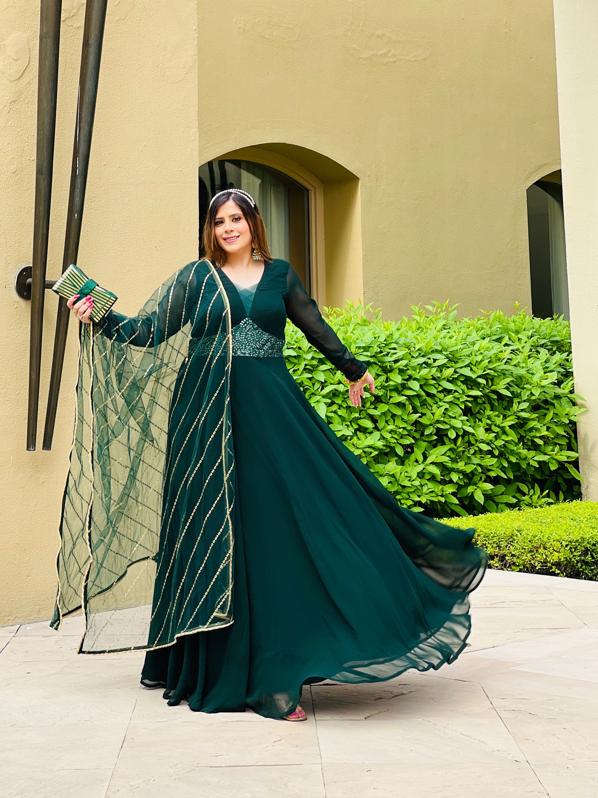 Bottle Green Anarkali with Dupatta Lakhina Couture Bottle Green Anarkali with Dupatta Lakhina Couture