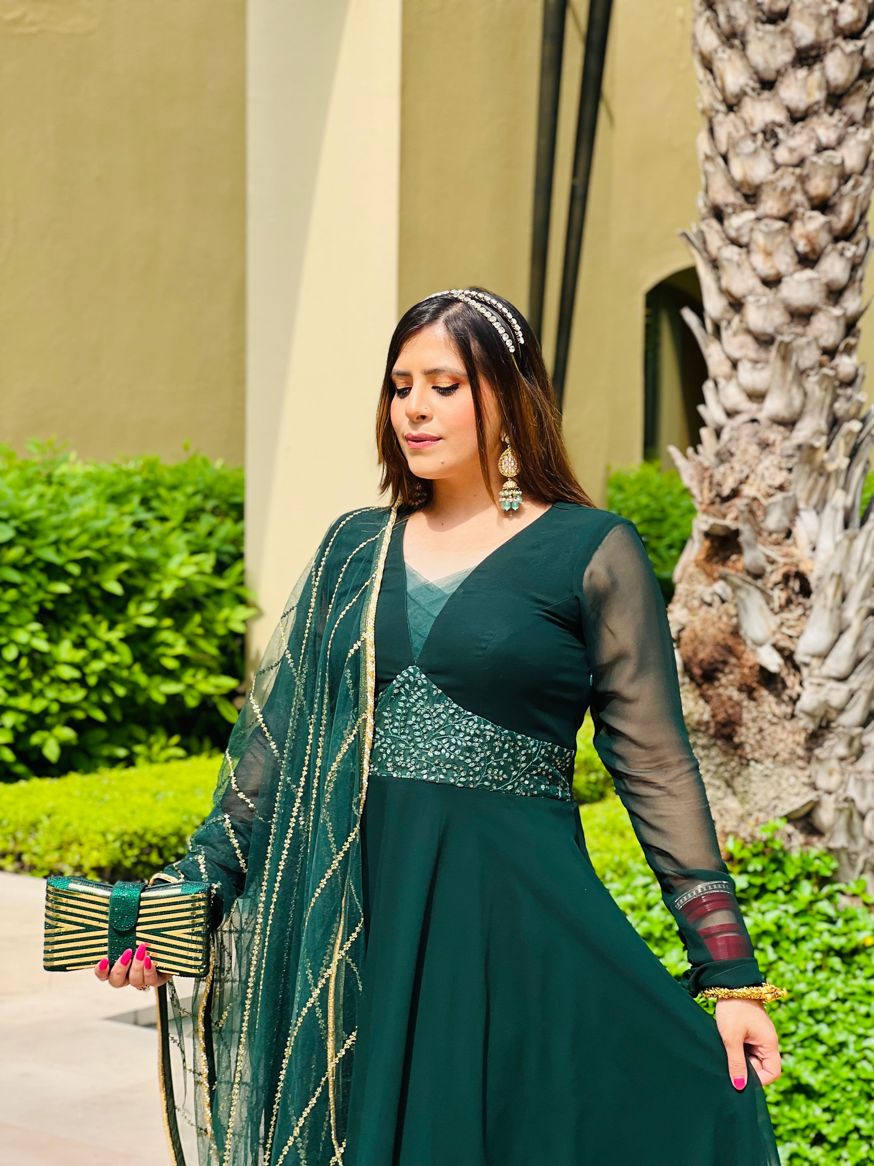 Bottle Green Anarkali with Dupatta