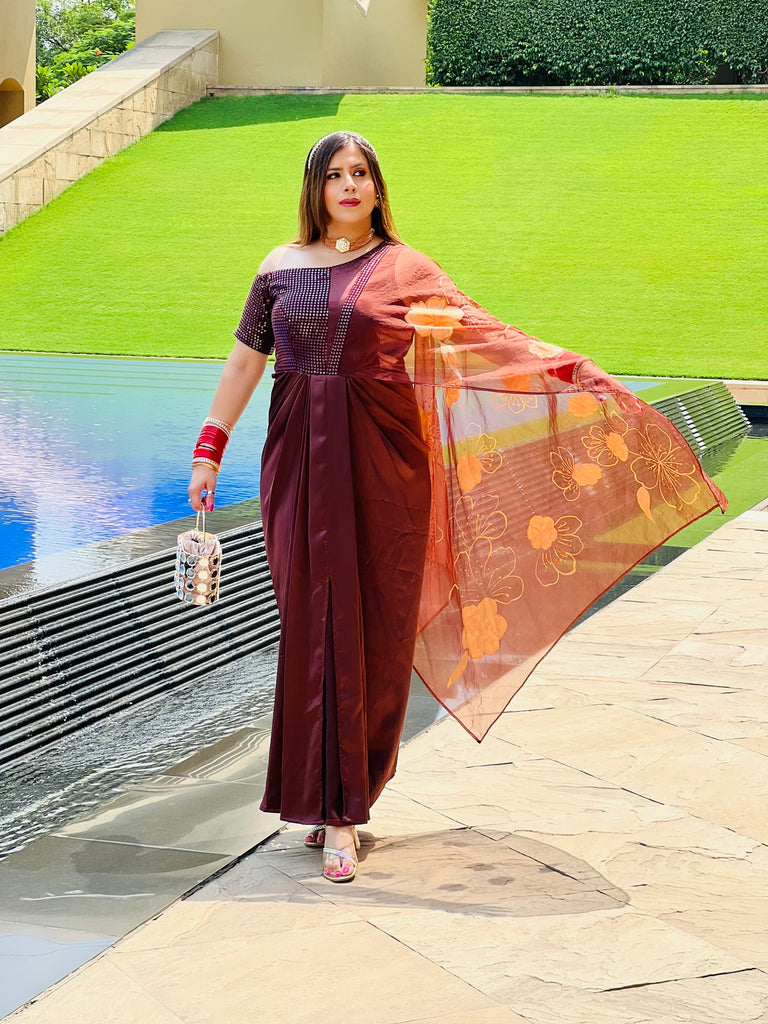 Amazing Embroidered Brown Party Wear Chinon Fabric Saree