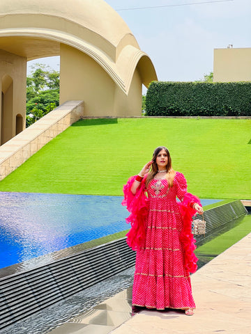 Pink Leheriya Anarkali With Dupatta