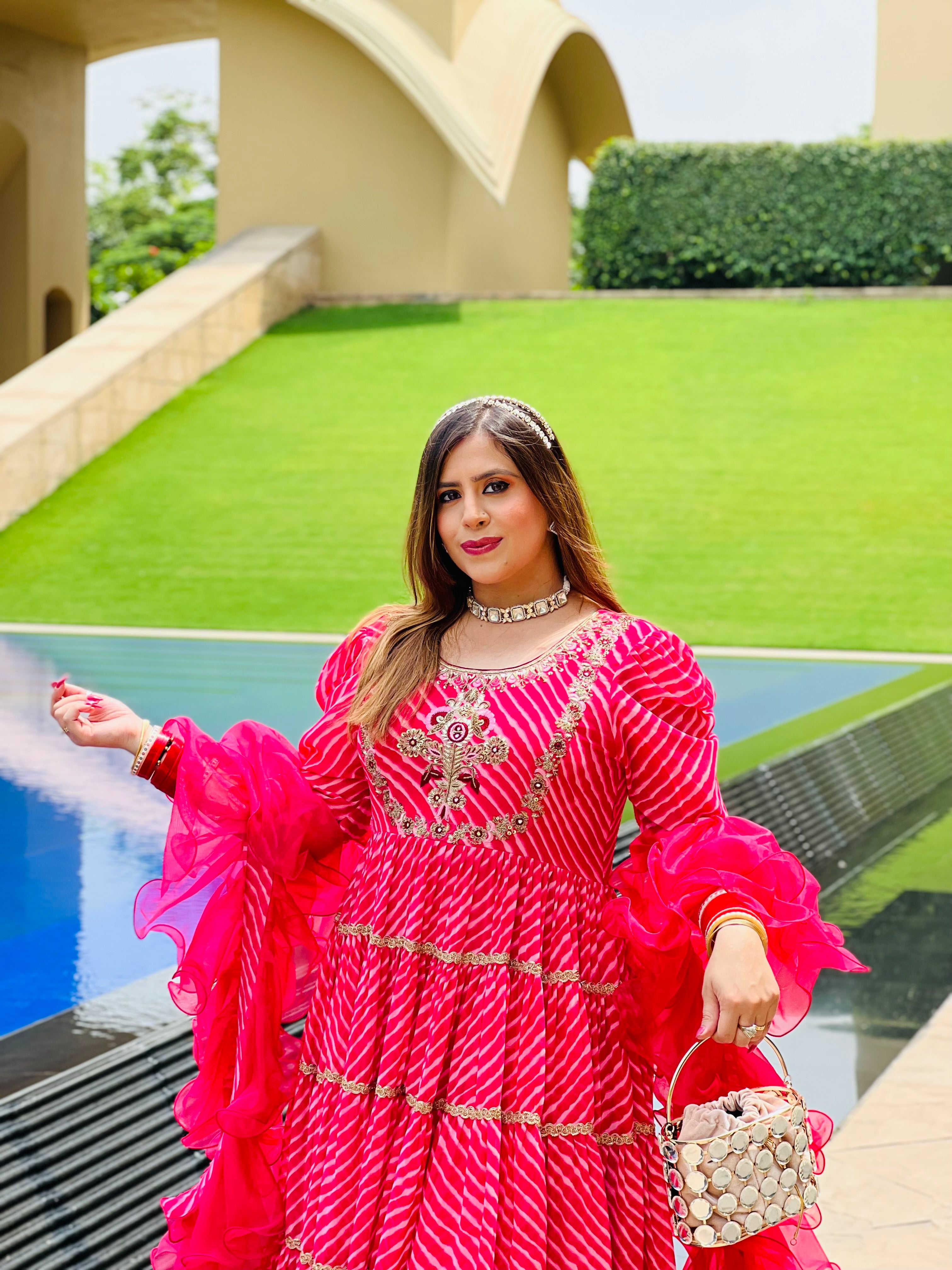 Pink Leheriya Anarkali With Dupatta