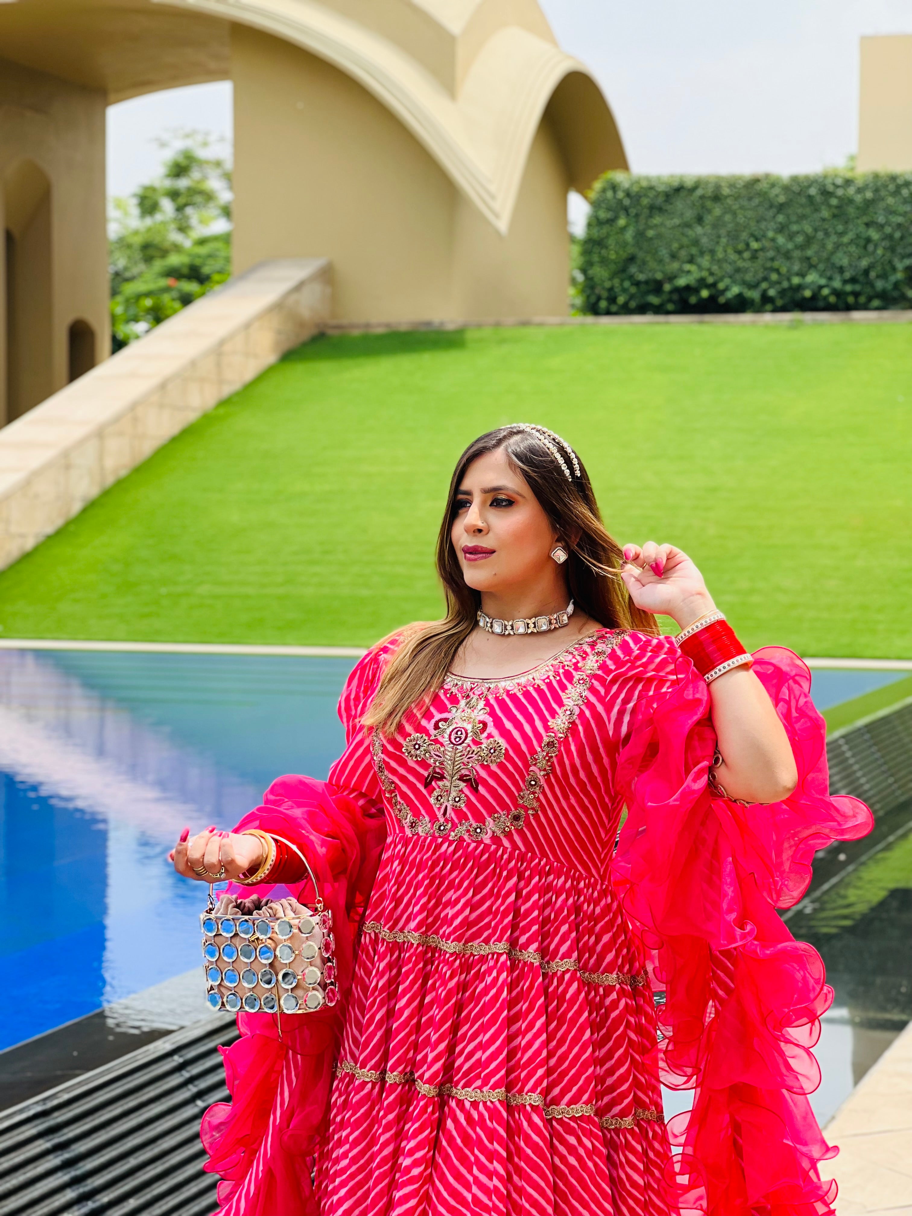 Pink Leheriya Anarkali With Dupatta
