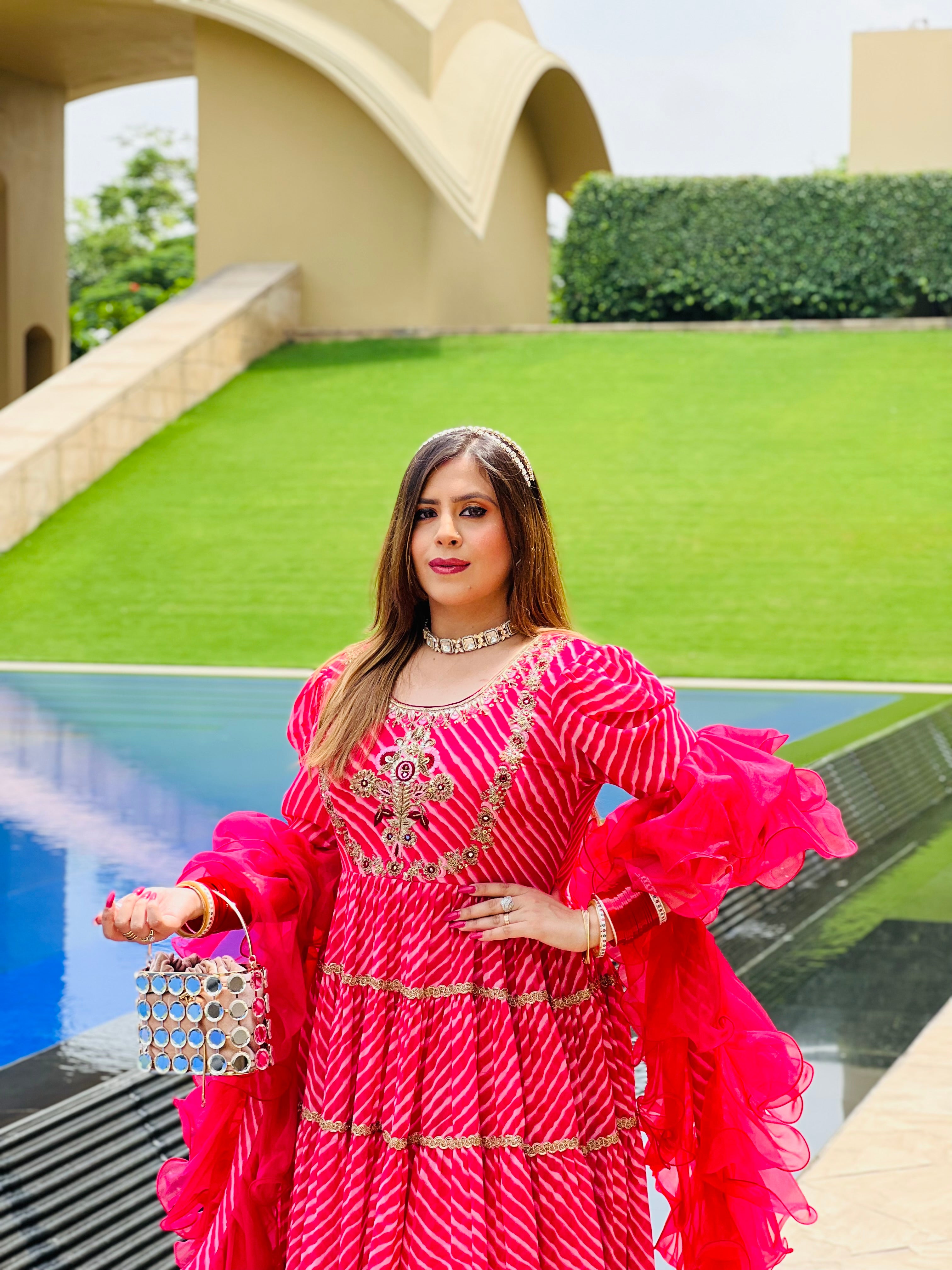Pink Leheriya Anarkali With Dupatta