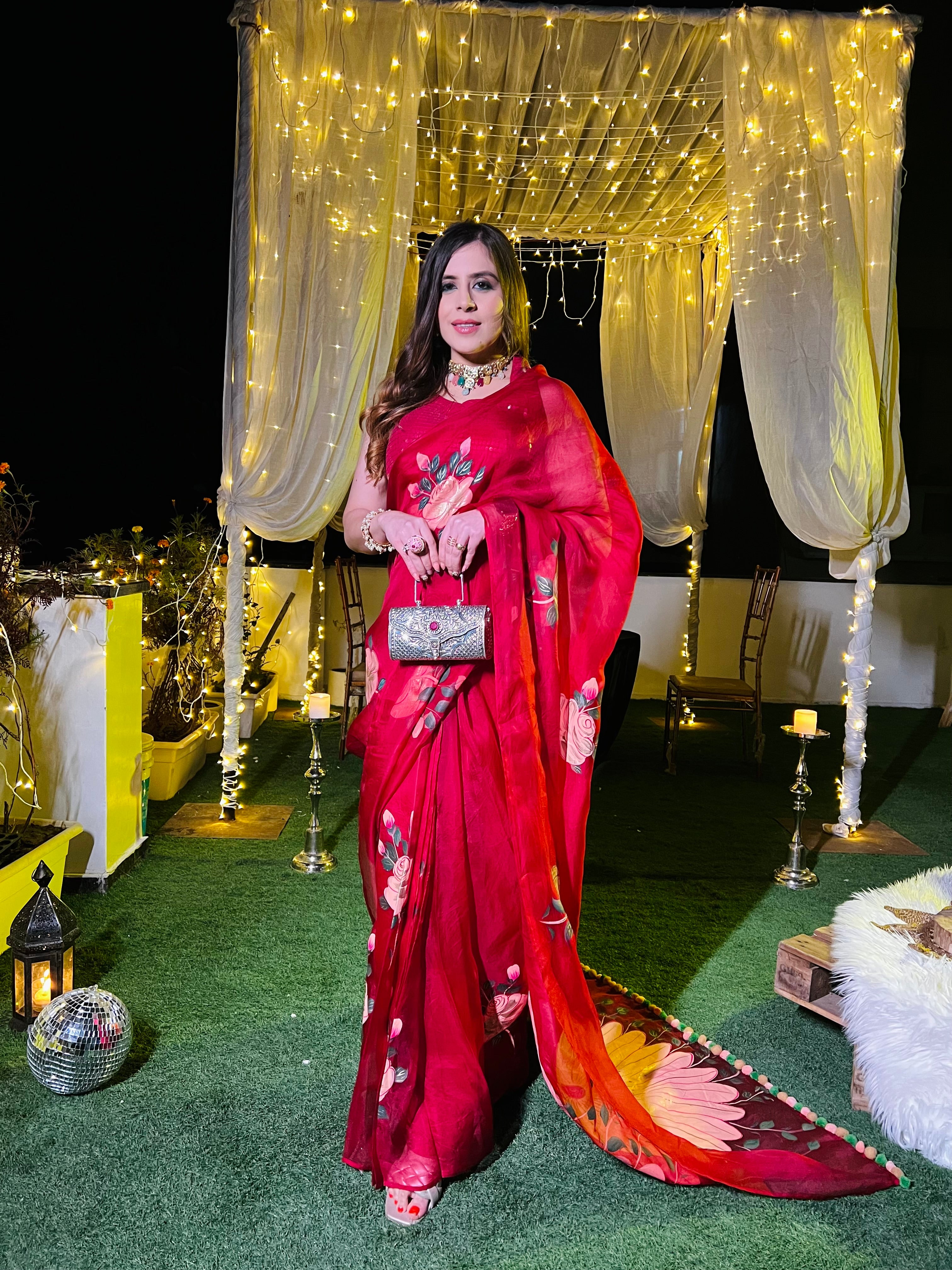 Red Hand Painted Saree