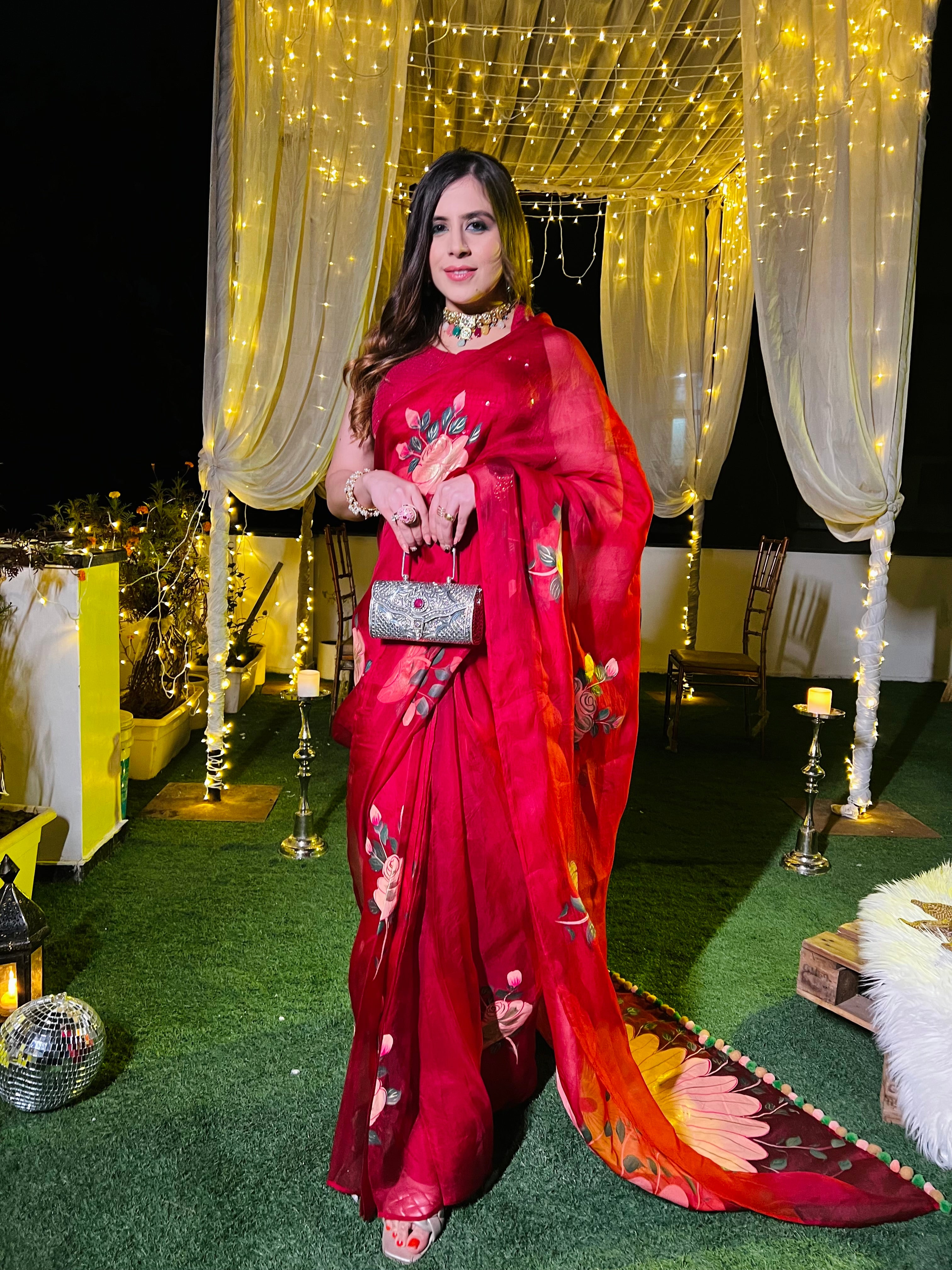 Red Hand Painted Saree