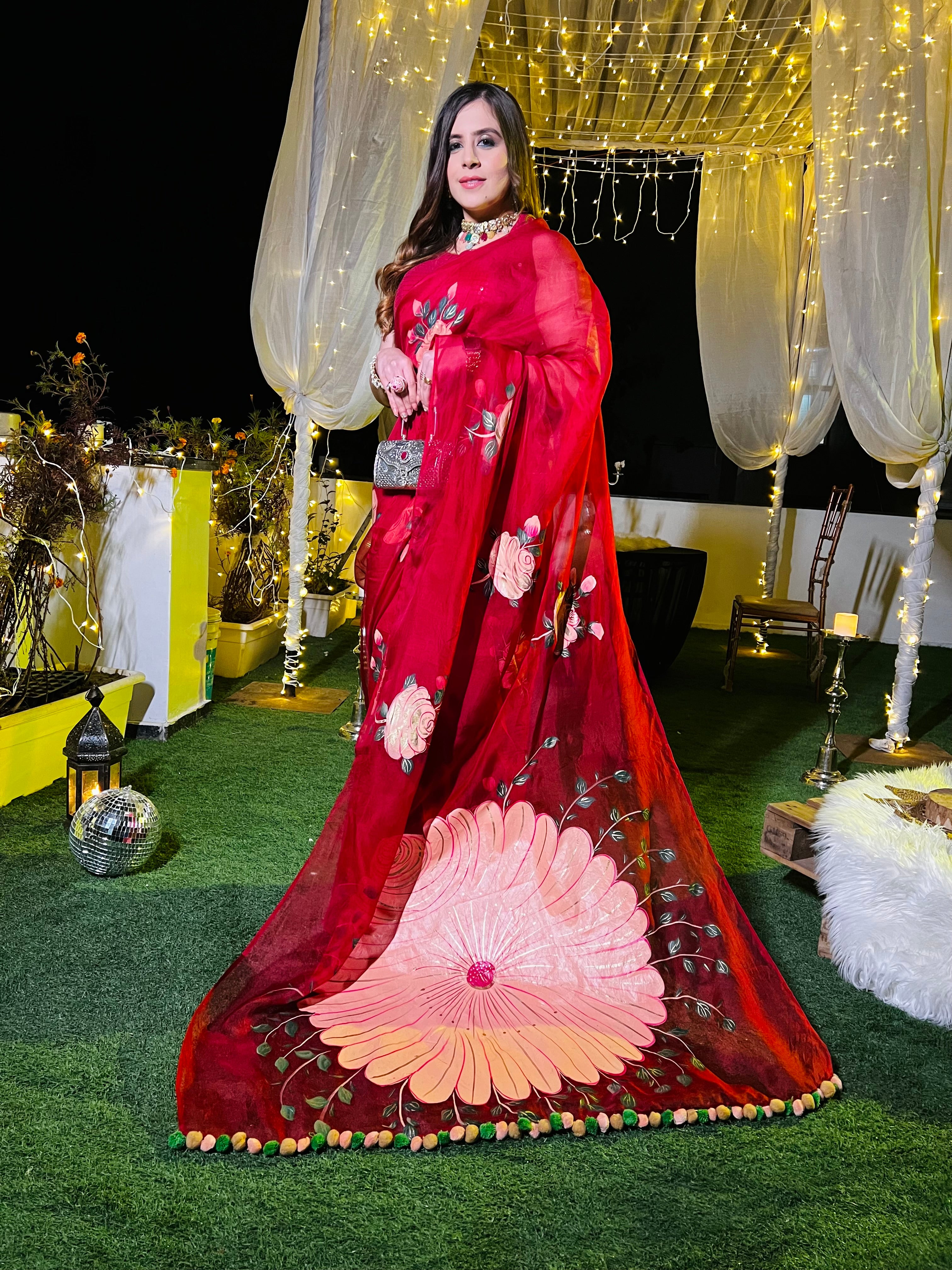 Red Hand Painted Saree