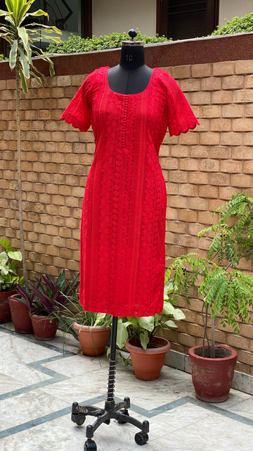 Red Chikankari Kurti Set