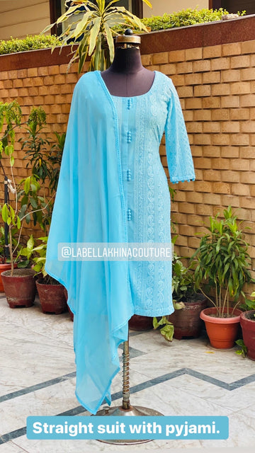 Sky Blue Half Sleeves Chikankari Kurti Set