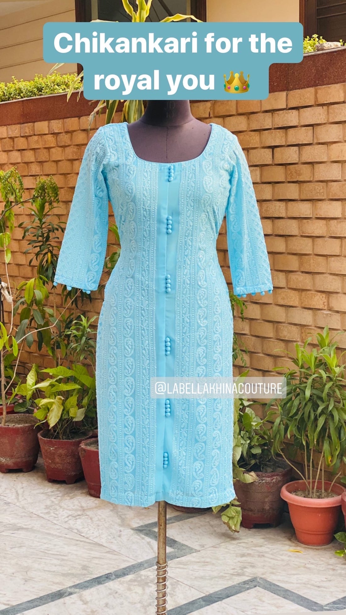 Sky Blue Half Sleeves Chikankari Kurti Set