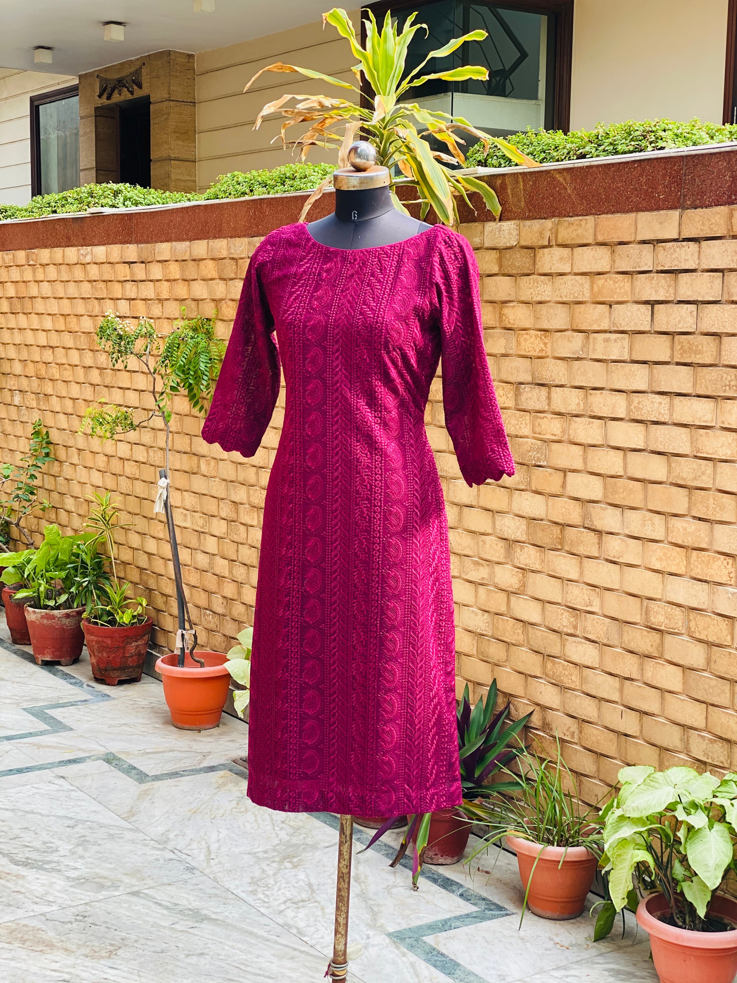 Wine Chikankari Kurti