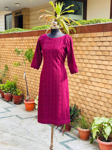 Wine Chikankari Kurti