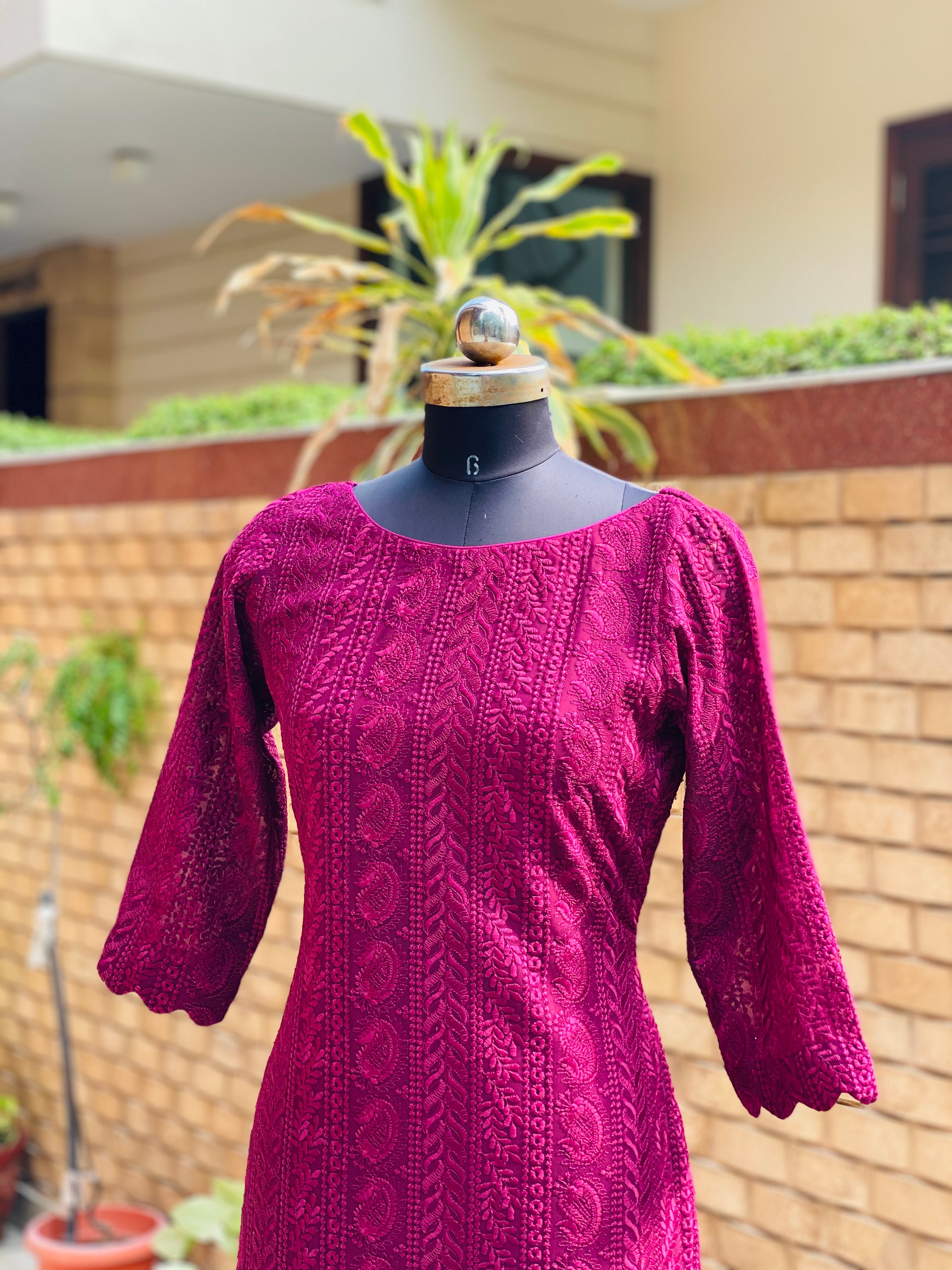 Wine Chikankari Kurti