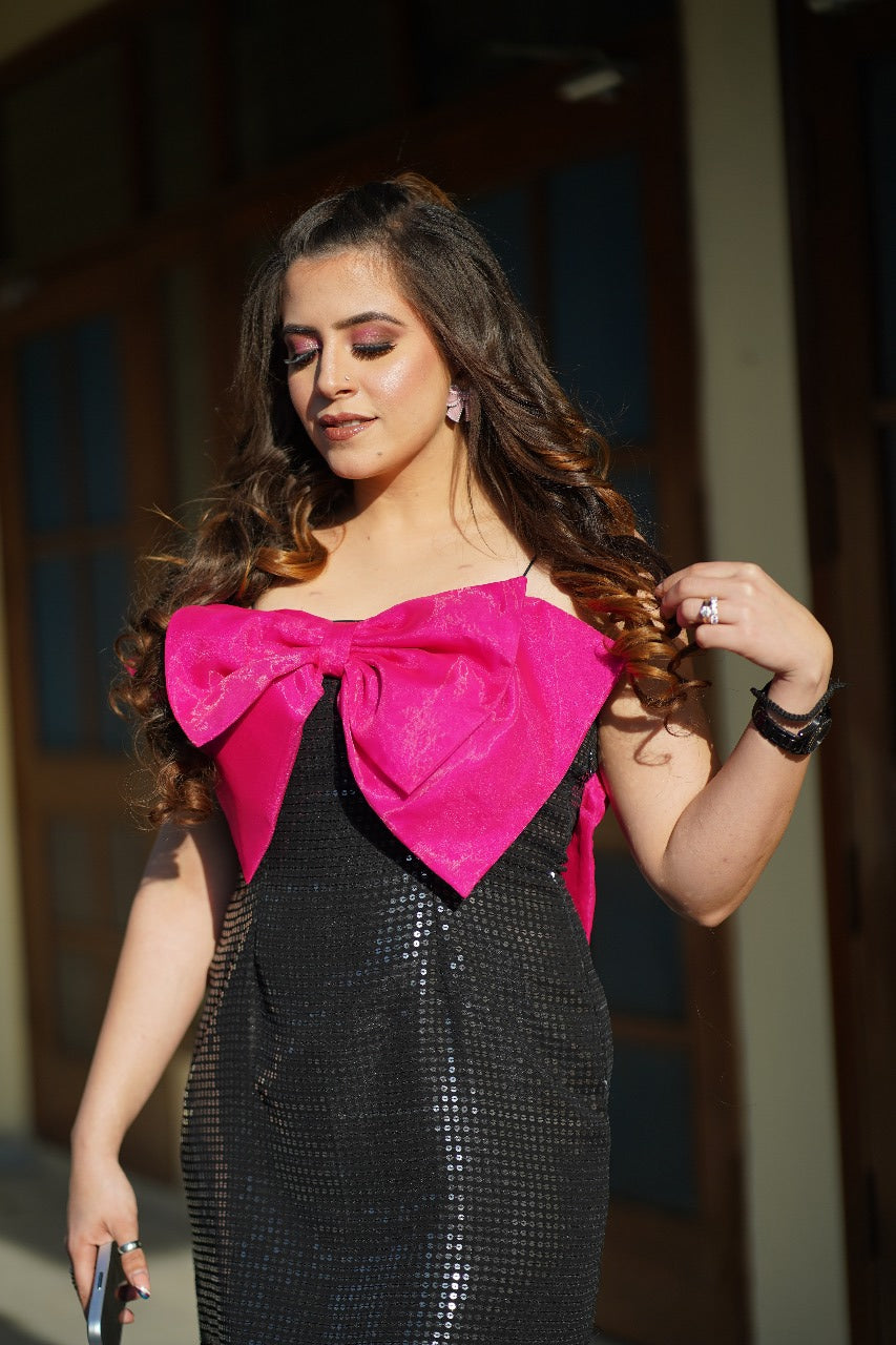 Black Sequin Bow Dress