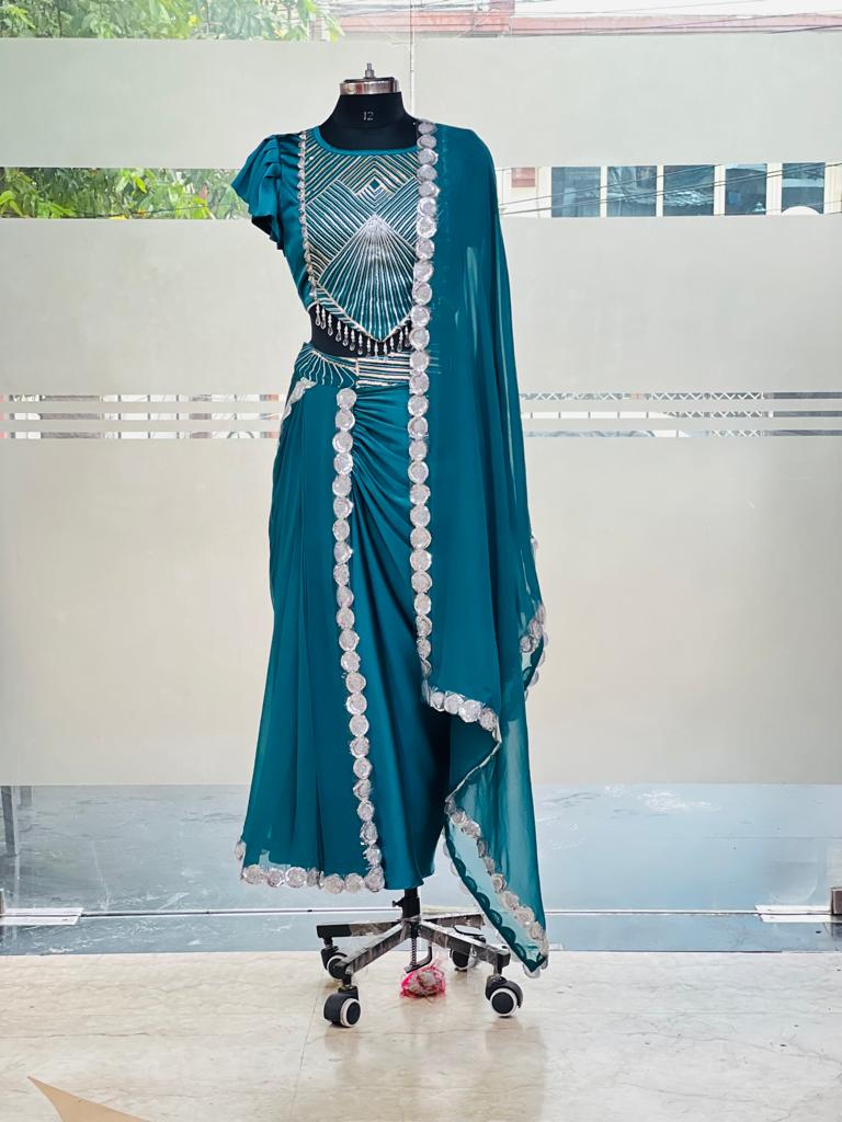 Teal Blue Ethnic Dhoti Saree