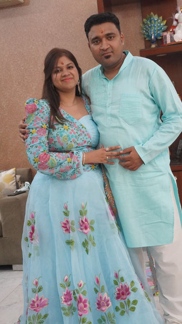 Sky Blue Hand Painted Lehenga