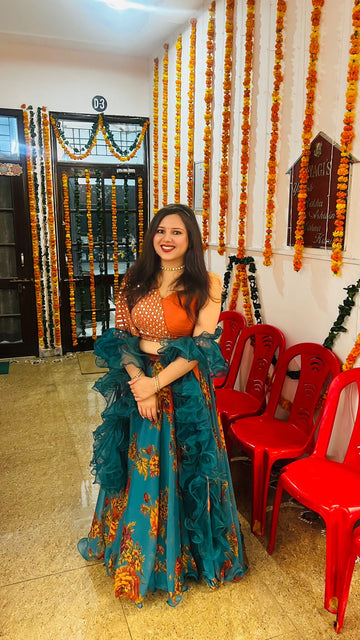 Teal Floral & Faux Mirror Lehenga