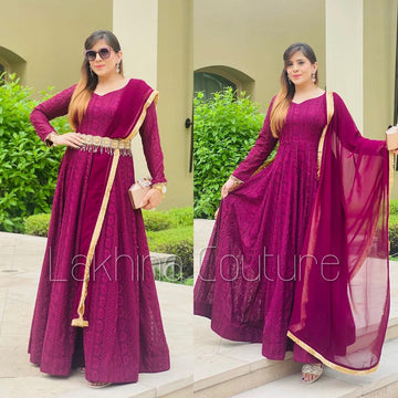 Wine Chikankari Anarkali With Belt