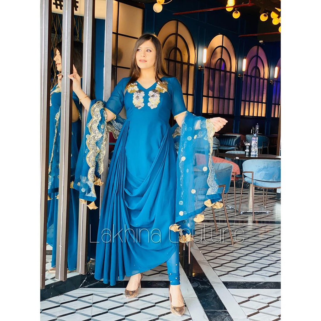 Buy Peacock Blue Green Anarkali With Hand Embroidery Online in India - Etsy  | Green anarkali, Peacock color dress, Raw silk lehenga